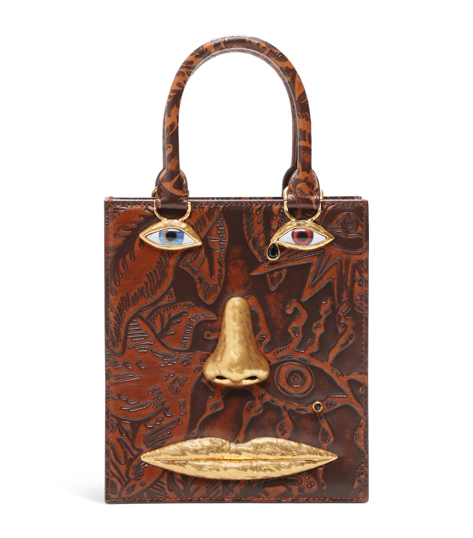 Mini Etched-Leather Face Top-Handle Bag