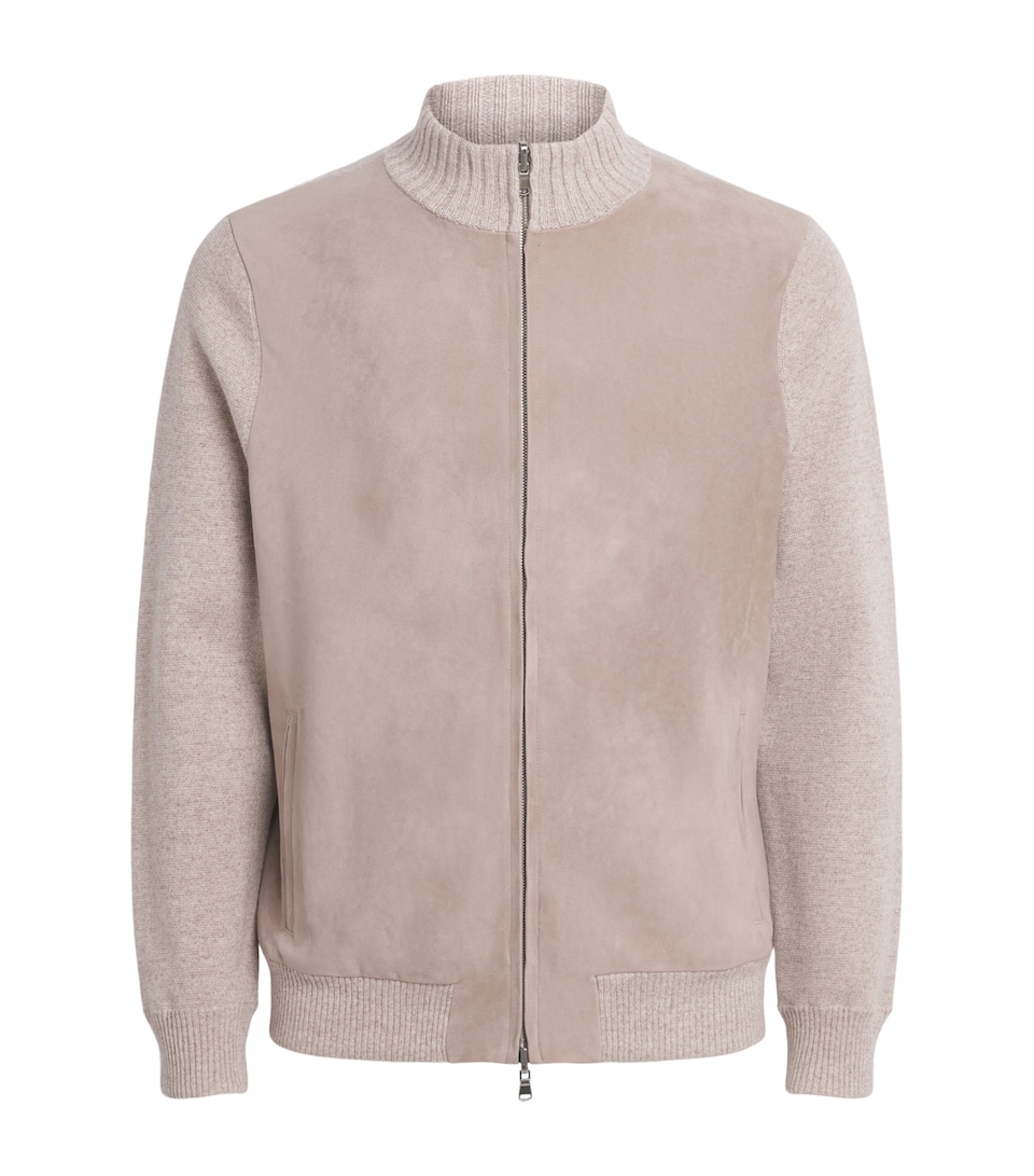 N.Peal Mens Suede-Trim Cashmere Davos Jacket Toasted Sesame Suede