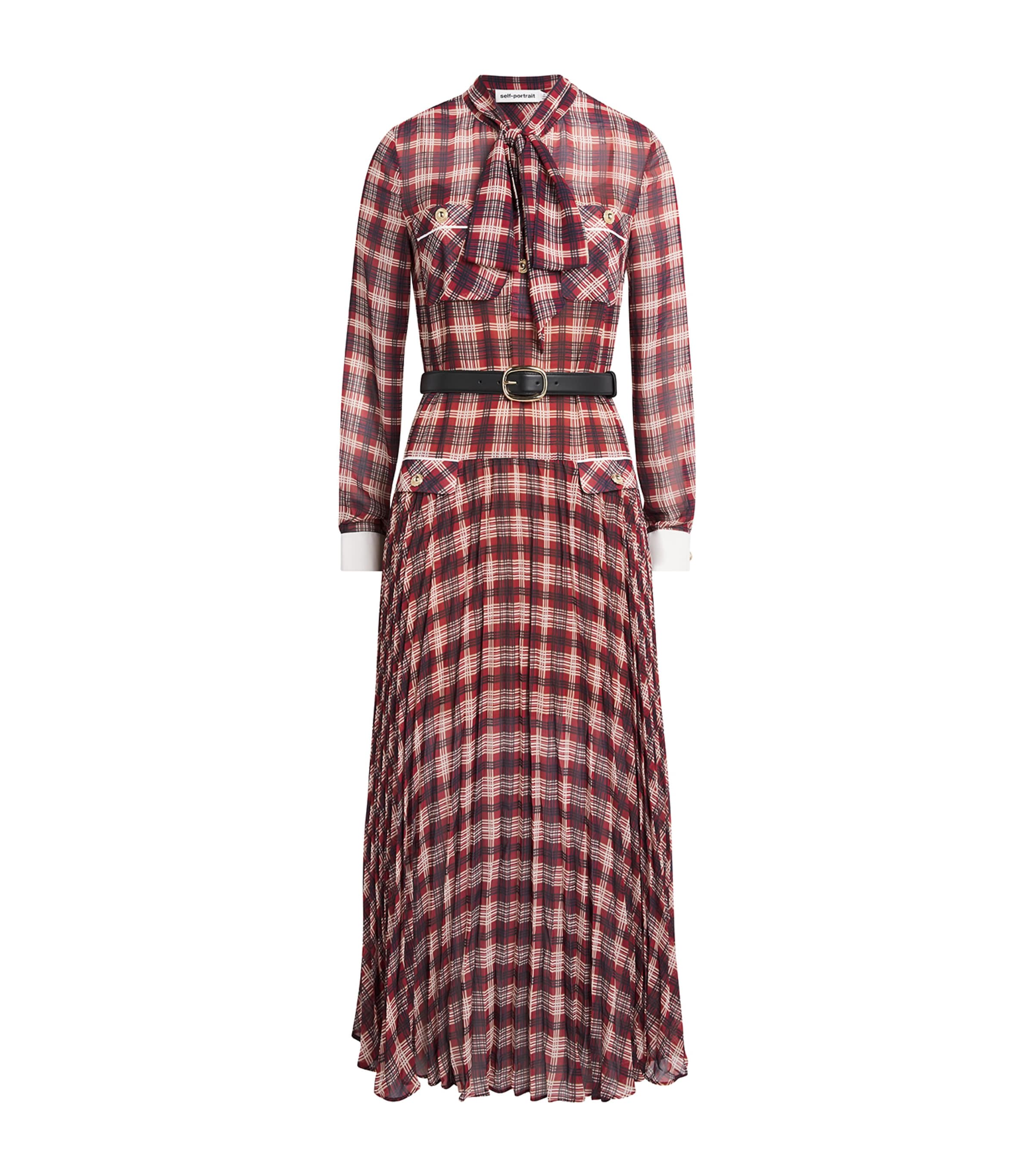 Self-Portrait Womens Chiffon Checked Midi Dress Burgundy