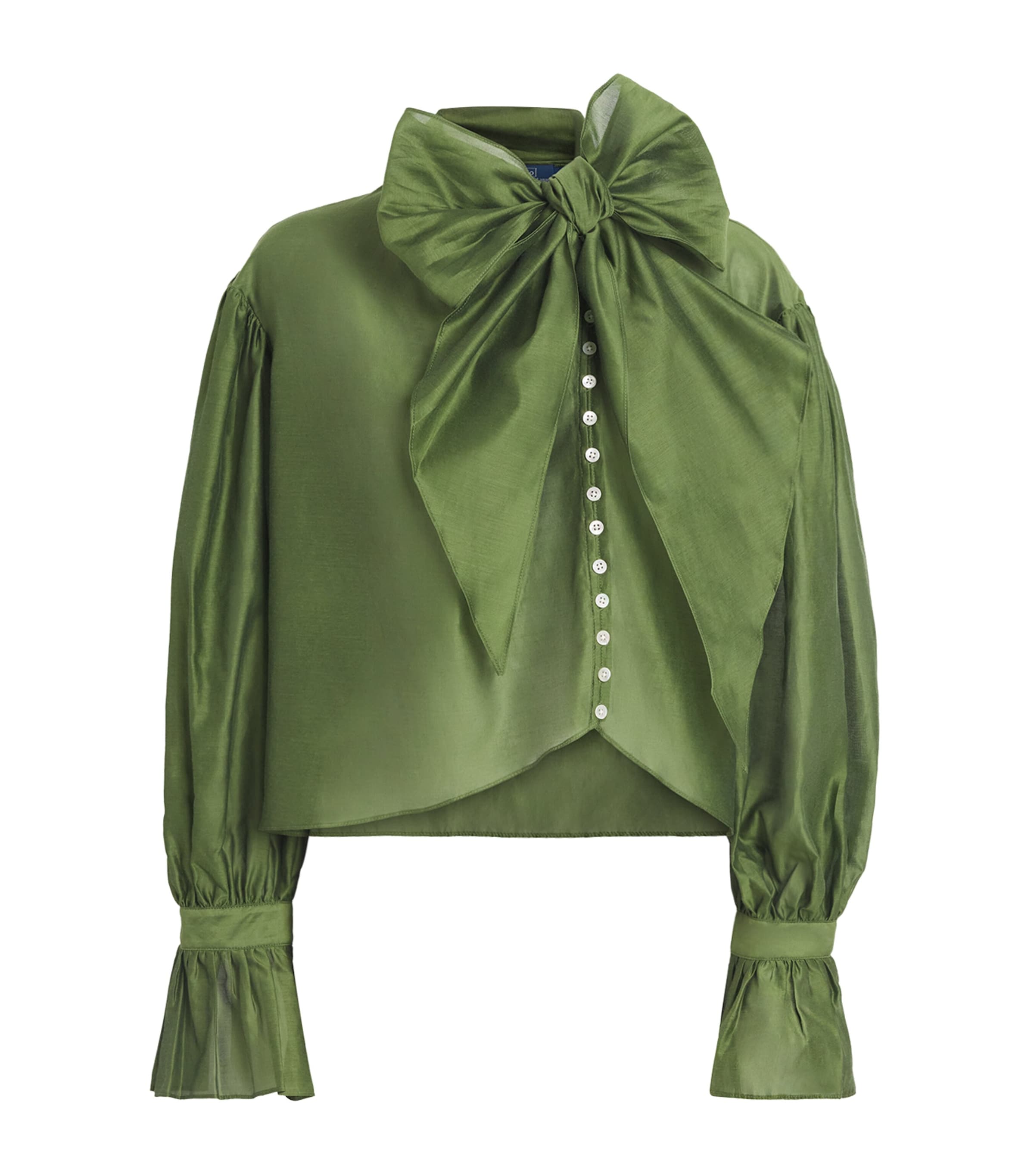 Polo Ralph Lauren Womens Cotton-Silk Tie-Neck Blouse Green