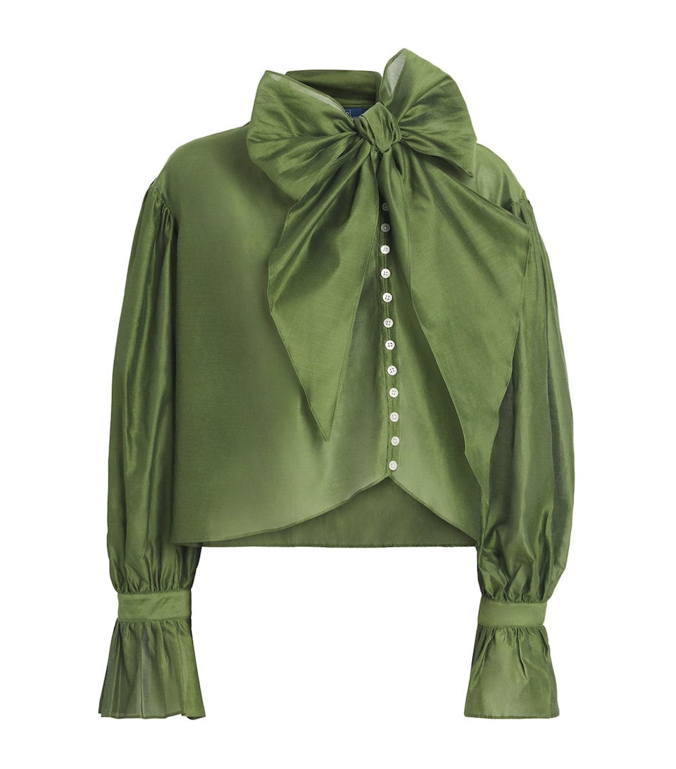 Polo Ralph Lauren Womens Cotton-Silk Tie-Neck Blouse Green