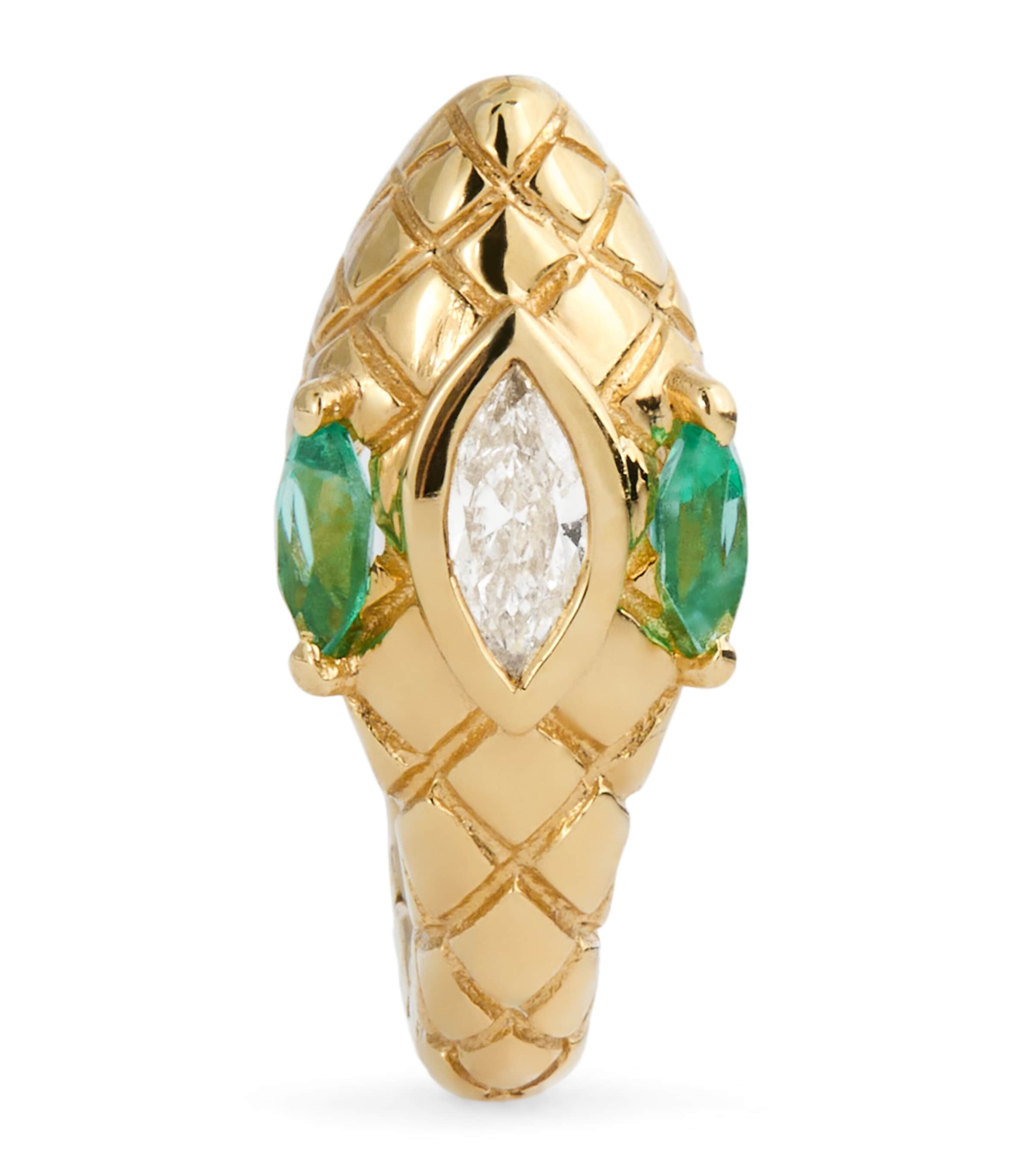 Yellow Gold, Diamond and Emerald Snake Single Huggie Earring
