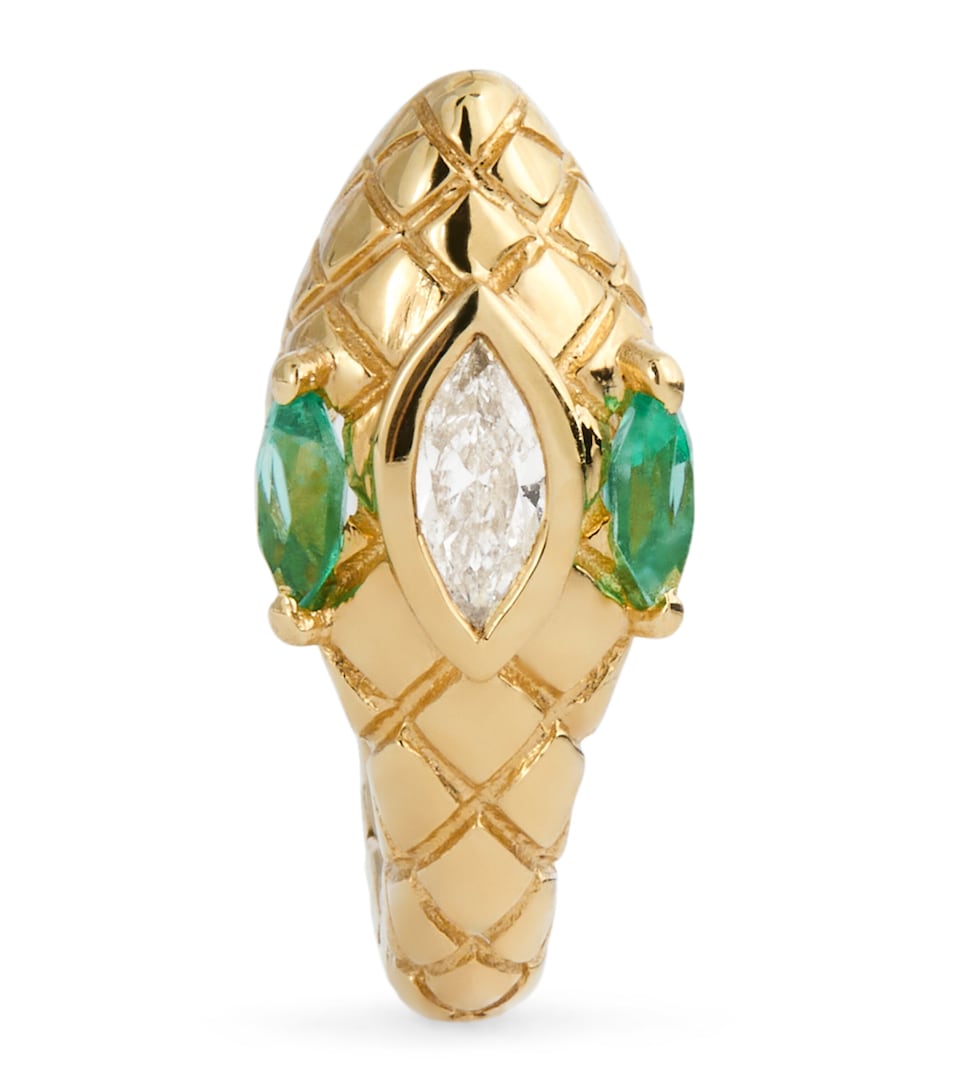 Yellow Gold, Diamond and Emerald Snake Single Huggie Earring