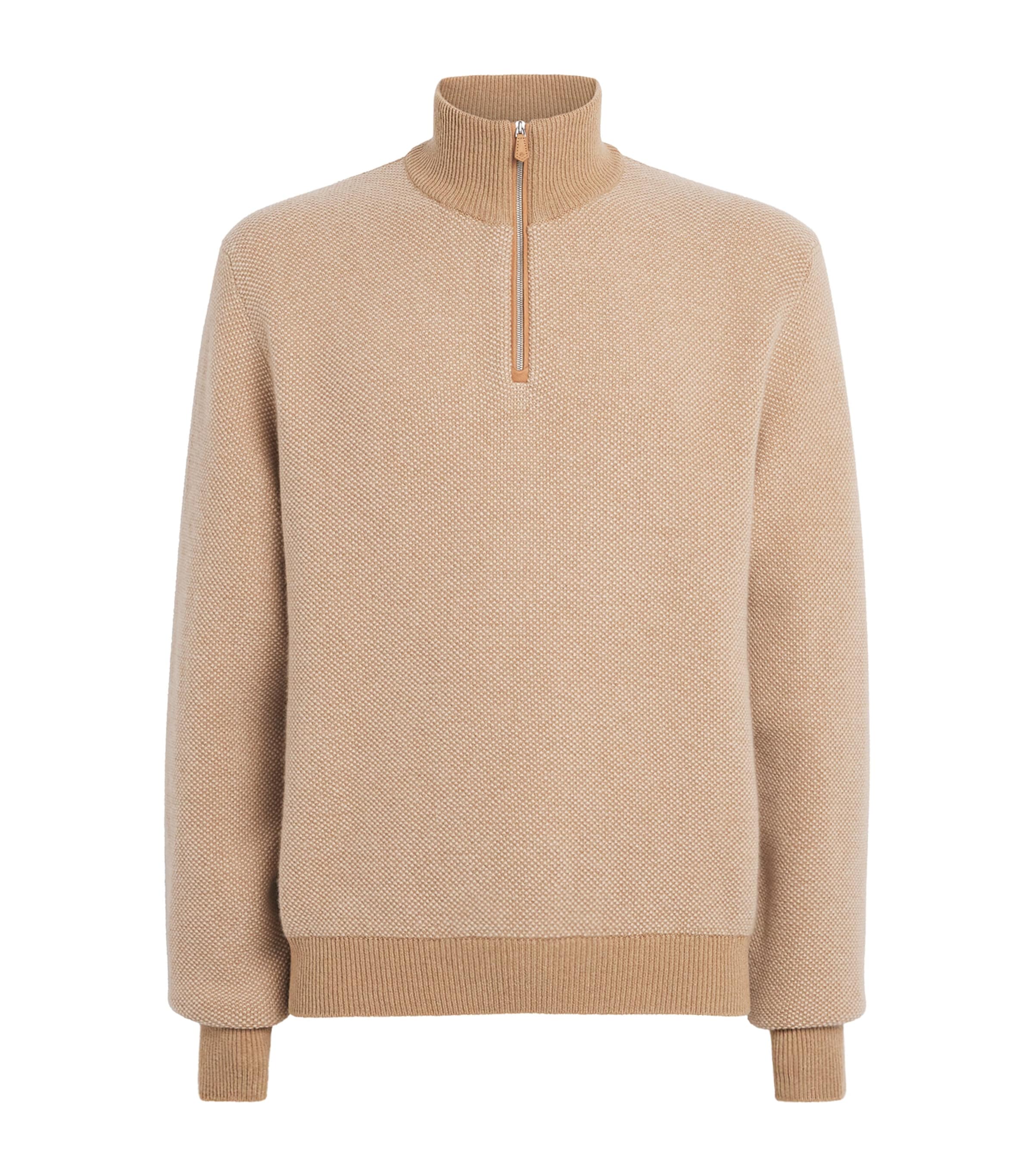 Ralph Lauren Purple Label Mens Cashmere Quarter-Zip Sweater Camel Multi