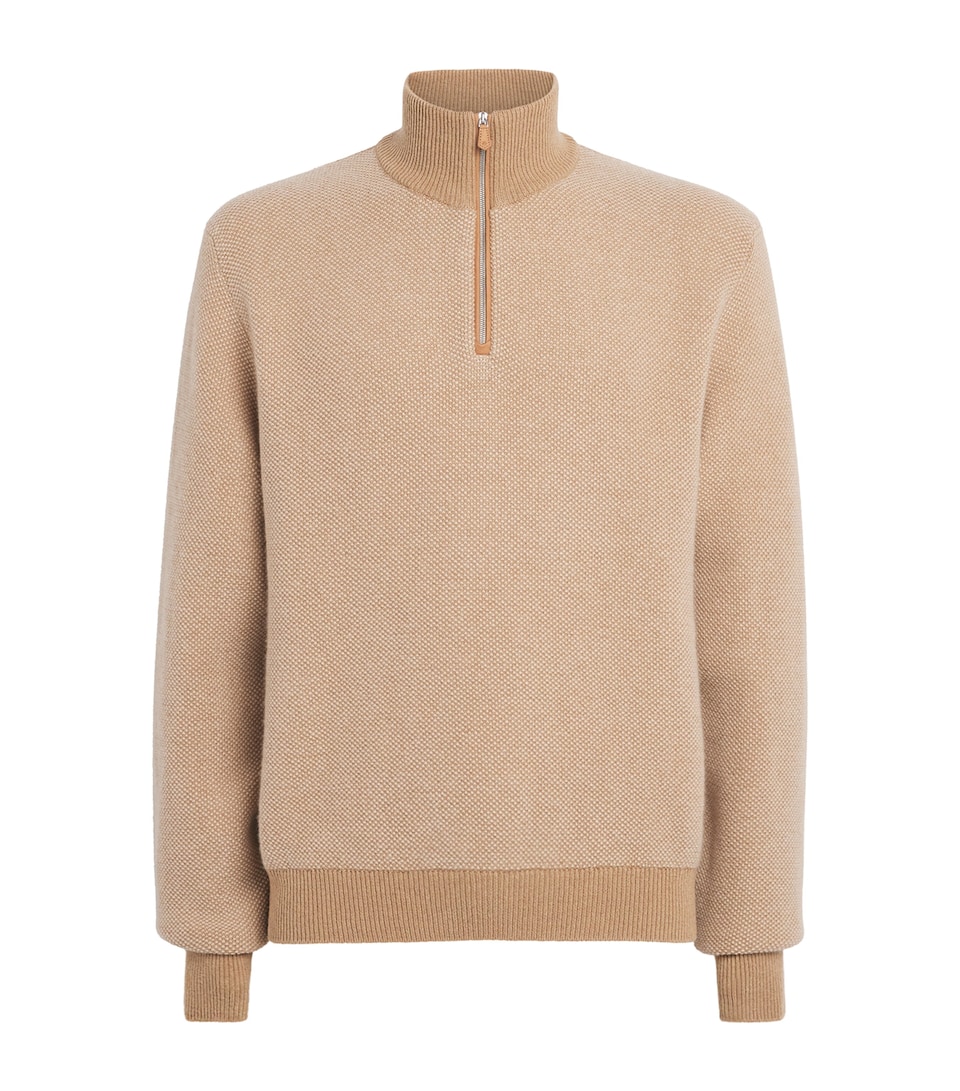 Ralph Lauren Purple Label Mens Cashmere Quarter-Zip Sweater Camel Multi