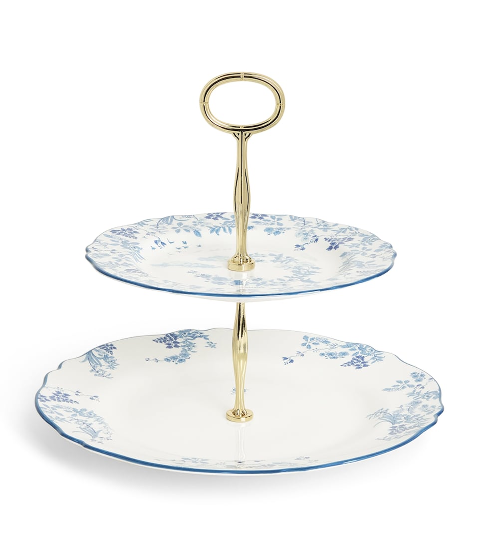 Harrods Bone China Toile Two-Tier Cake Stand Blue