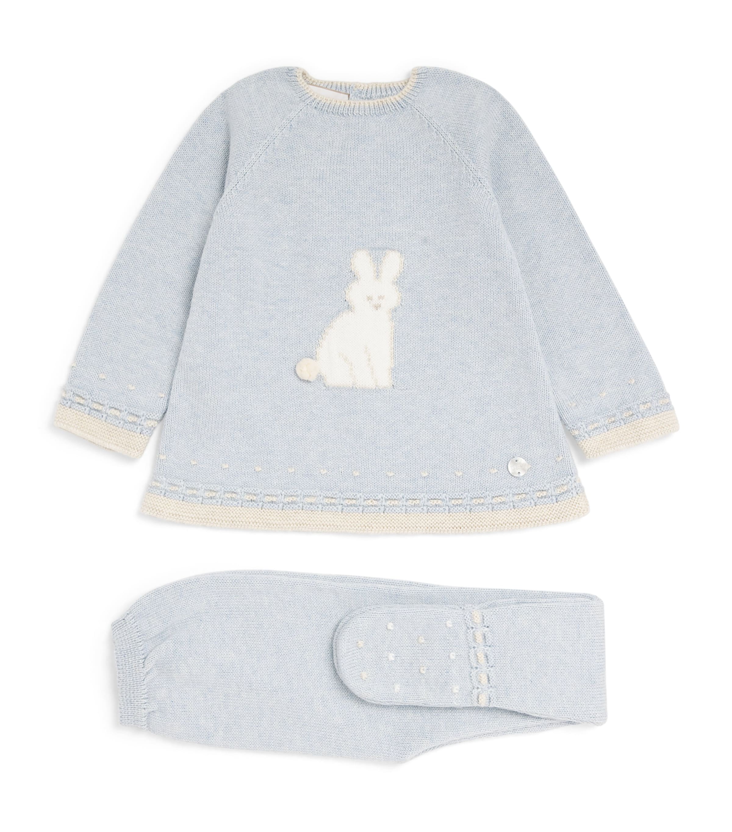 Paz Rodriguez Cotton Sweater and Trousers Set (0-12 Months) Chalk Blu/light Brwn