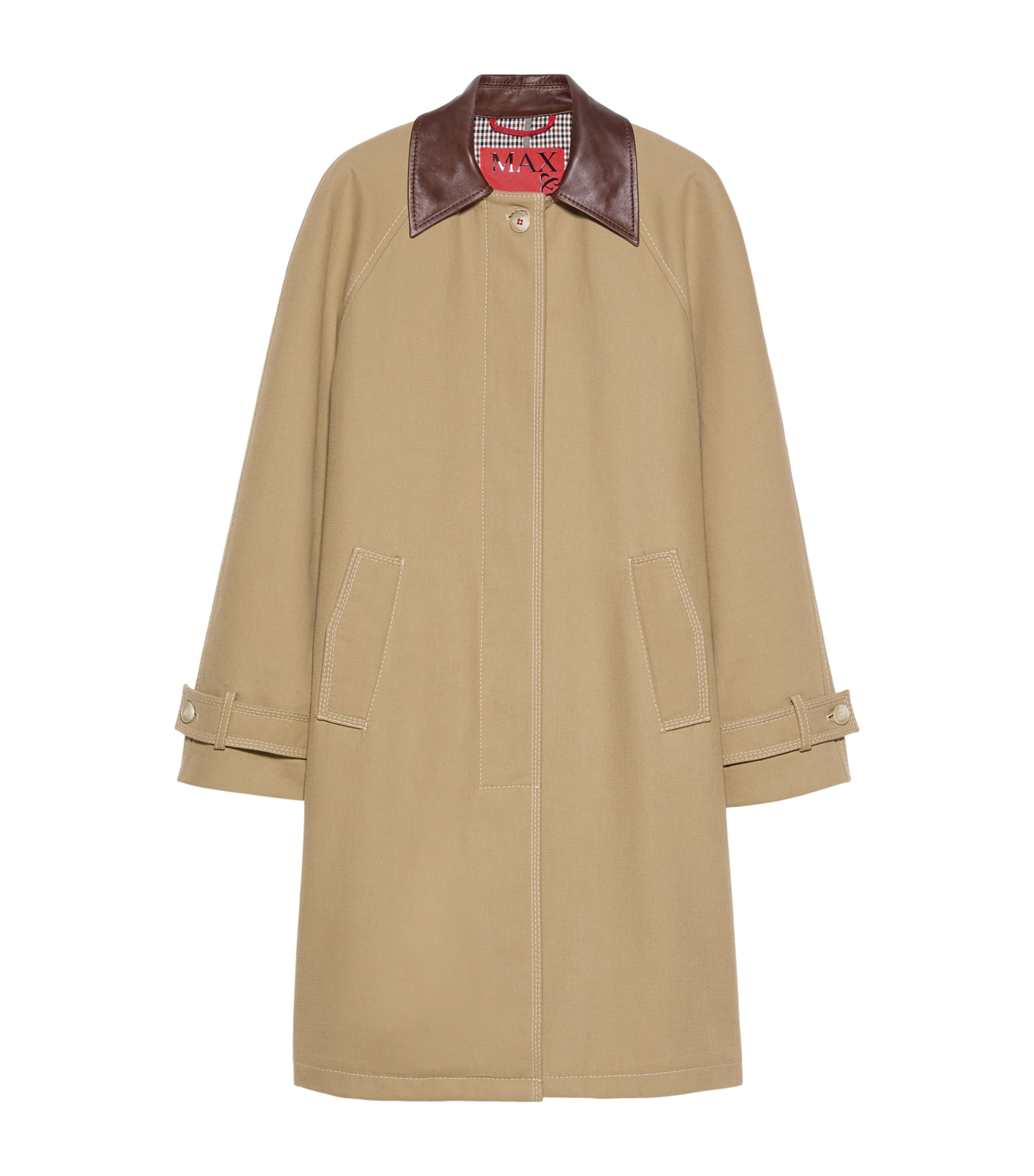 MAX&Co. Womens Contrast-Collar Raincoat Camel