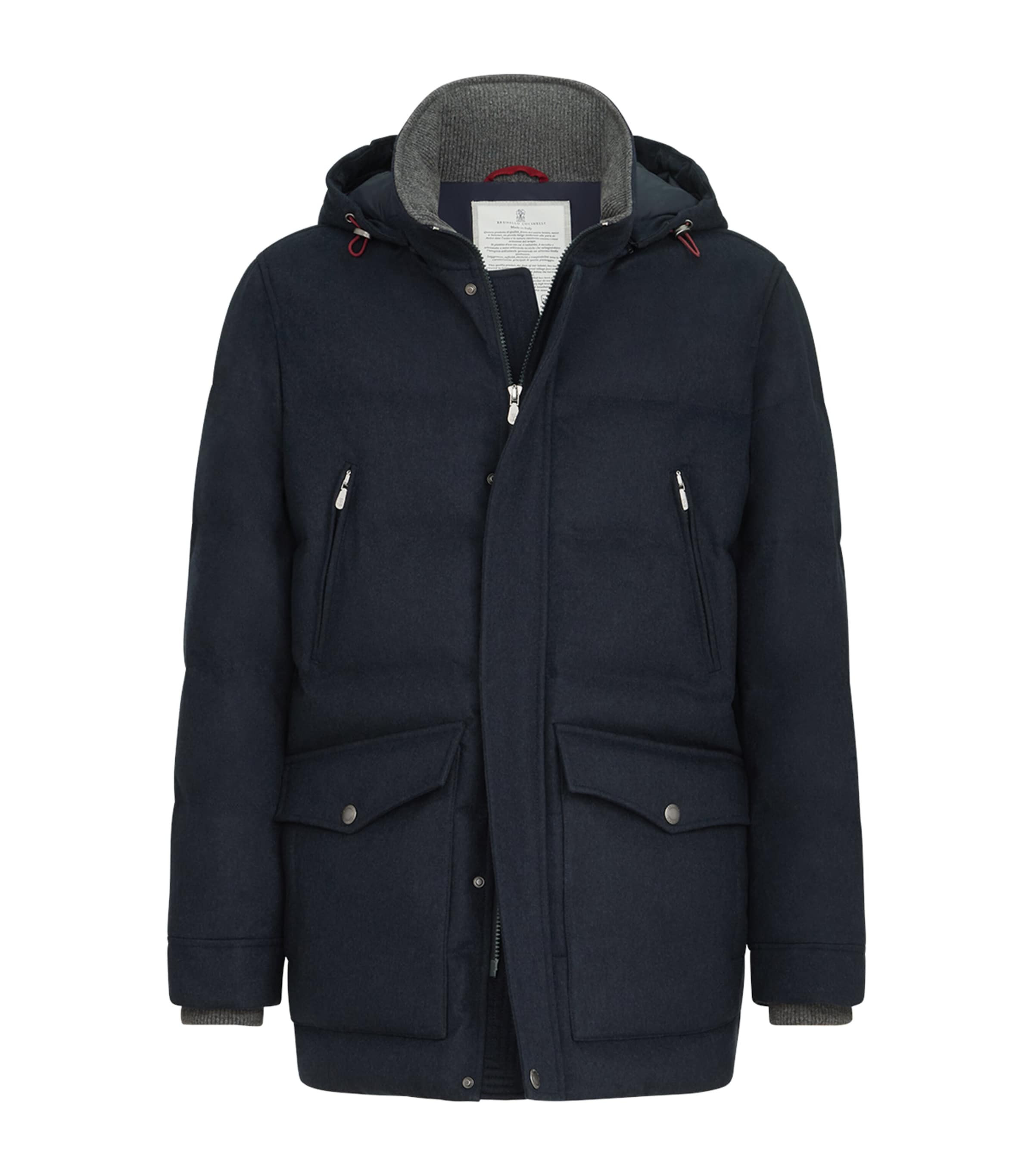 Brunello Cucinelli Mens Wool Hooded Padded Jacket Blue
