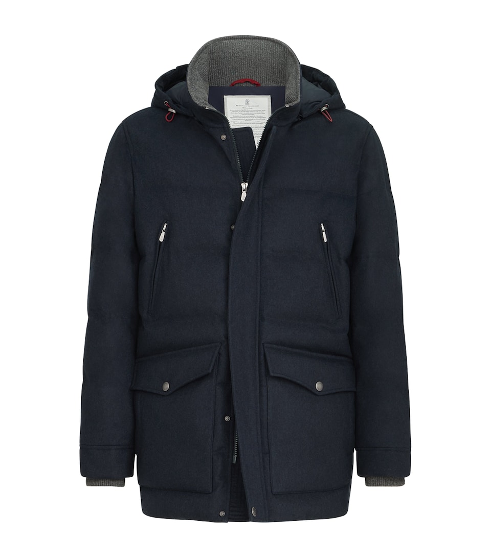 Brunello Cucinelli Mens Wool Hooded Padded Jacket Blue
