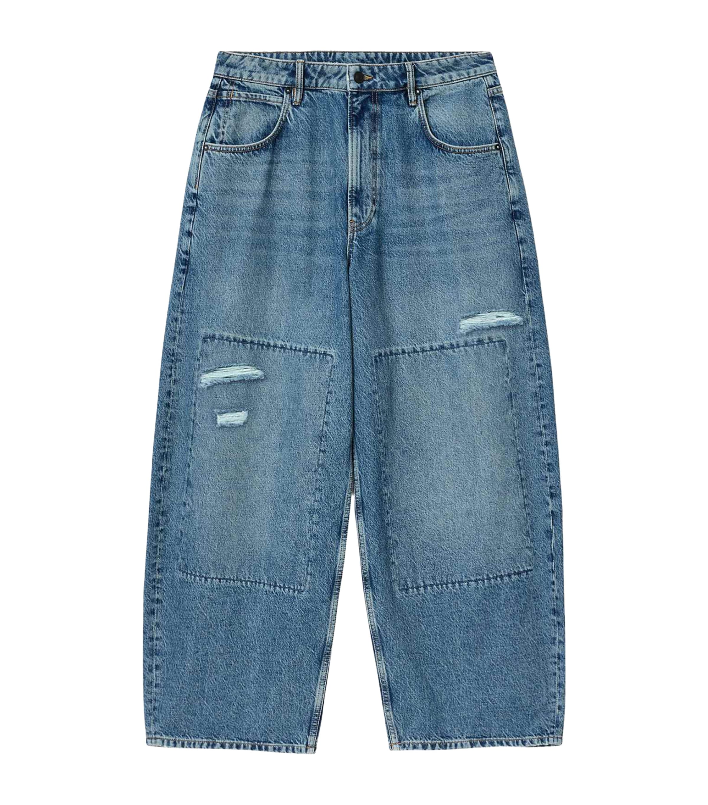 AllSaints Mens Slouch Barrel-Leg Jeans Destroy Mid Indigo