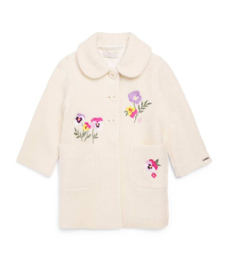 Monnalisa Wool-Blend Bouclé Embroidered Coat (2-12 Years) Gardenia
