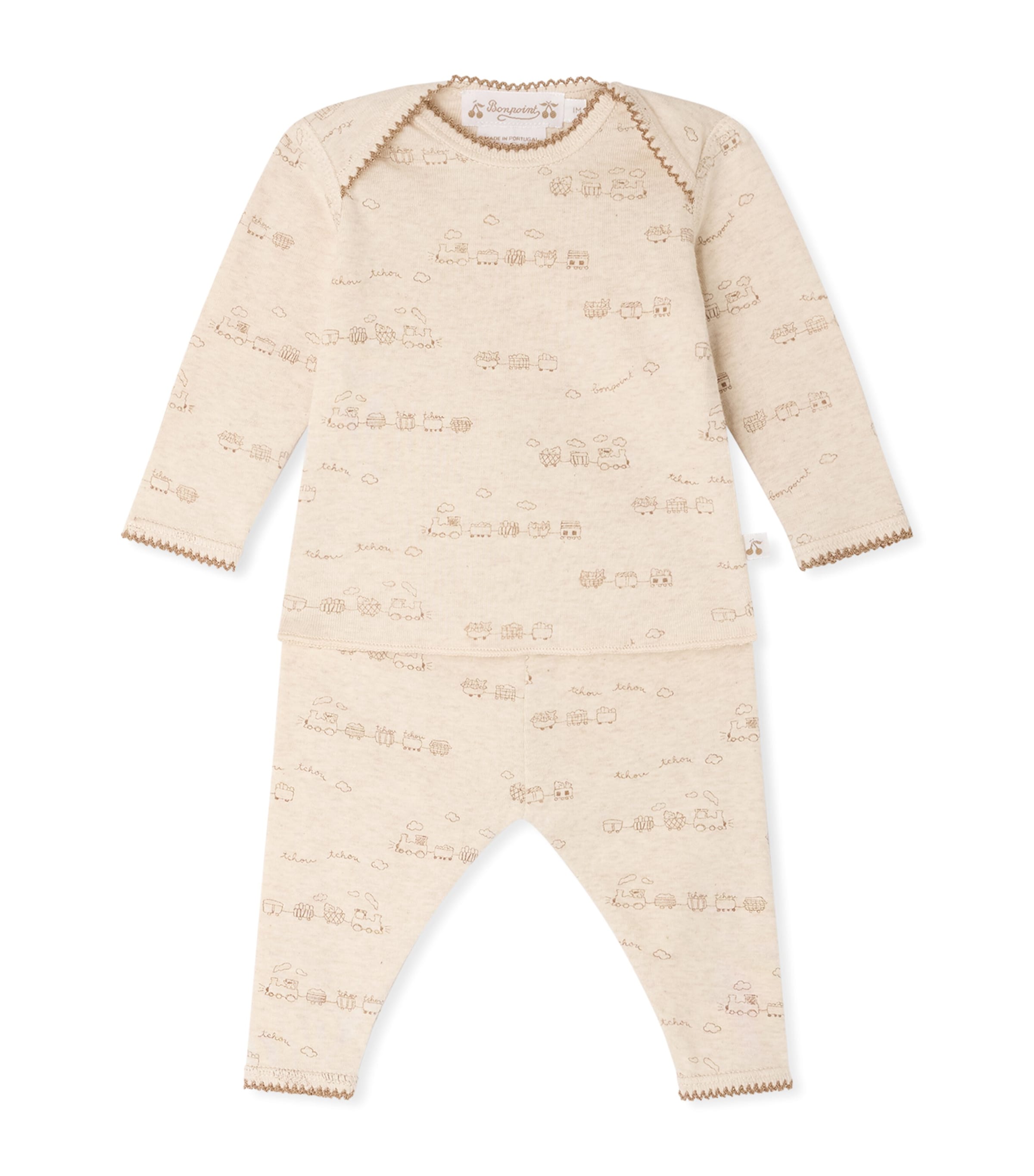 Bonpoint Cotton Train Print Pyjama Set (1-18 Months) Upb Beige