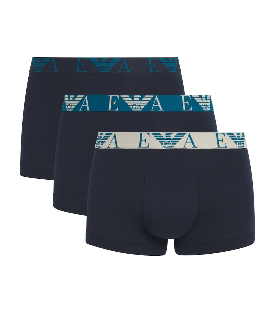 Emporio Armani Mens Stretch-Cotton Eagle Monogram Trunks (Pack of 3) Blu/blu/b