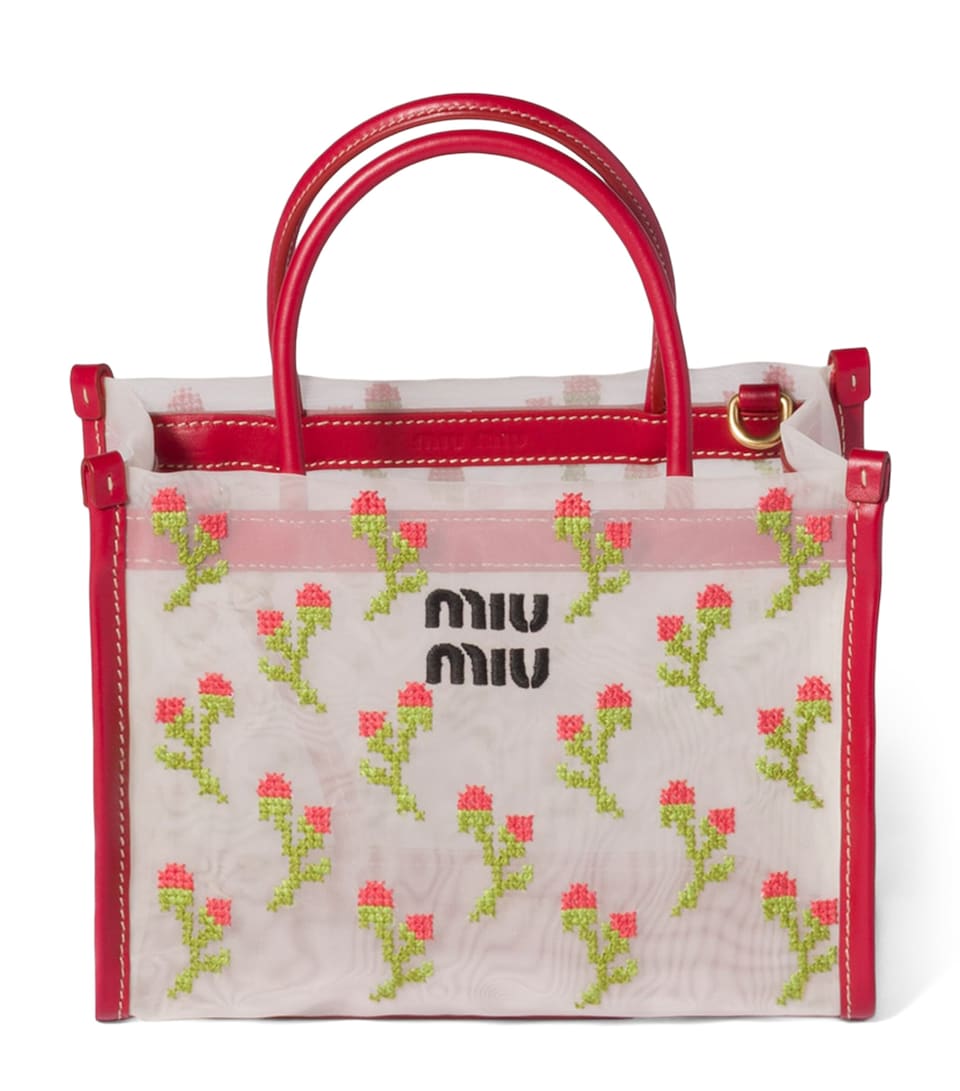 Miu Miu Embroidered Mesh Top-Handle Bag Red