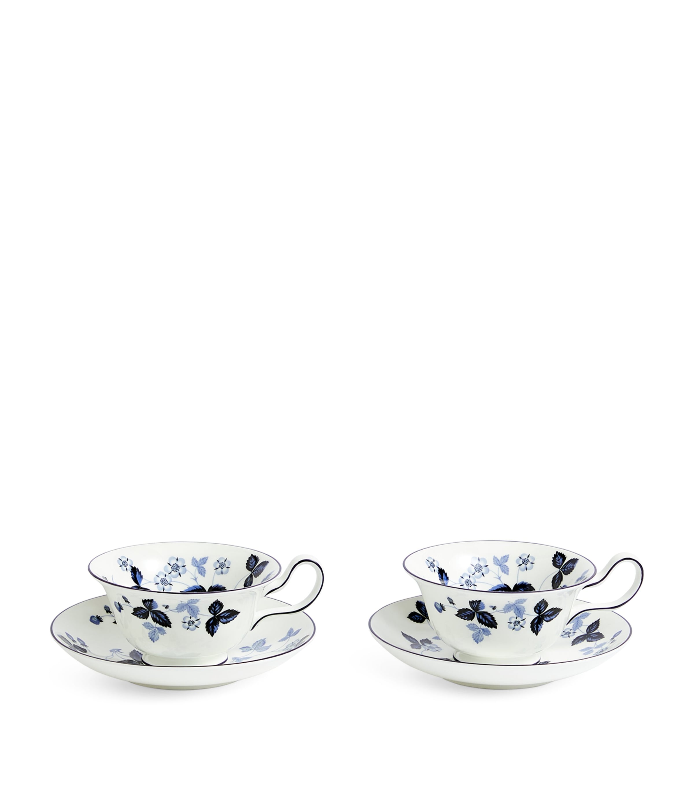 Set of 2 Wild Strawberry Inky Blue Teacups and Saucers