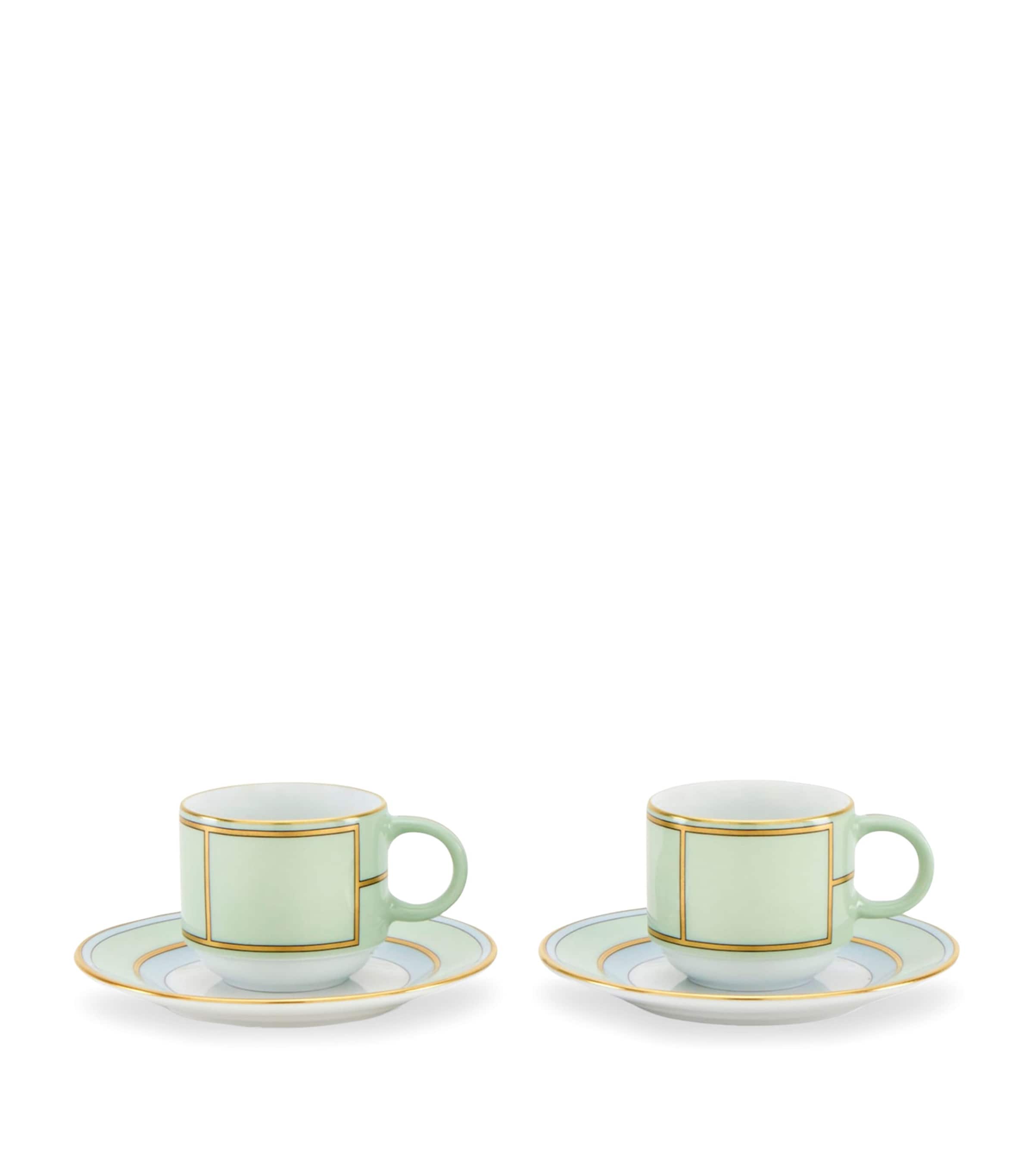 GINORI 1735 Set of 2 Colonna Diva Verde Coffee Cups and Saucers
