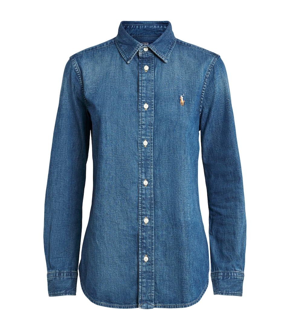 Polo Ralph Lauren Womens Denim Embroidered Polo Pony Shirt Merced Wash