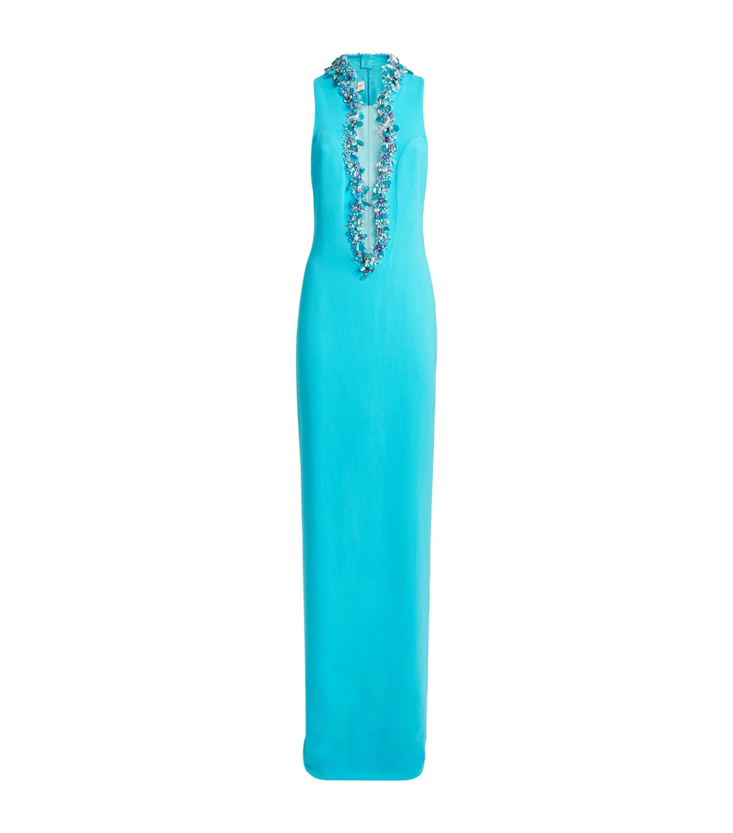Celia Kritharioti Womens Crepe Embroidered-Crystal Gown Blue