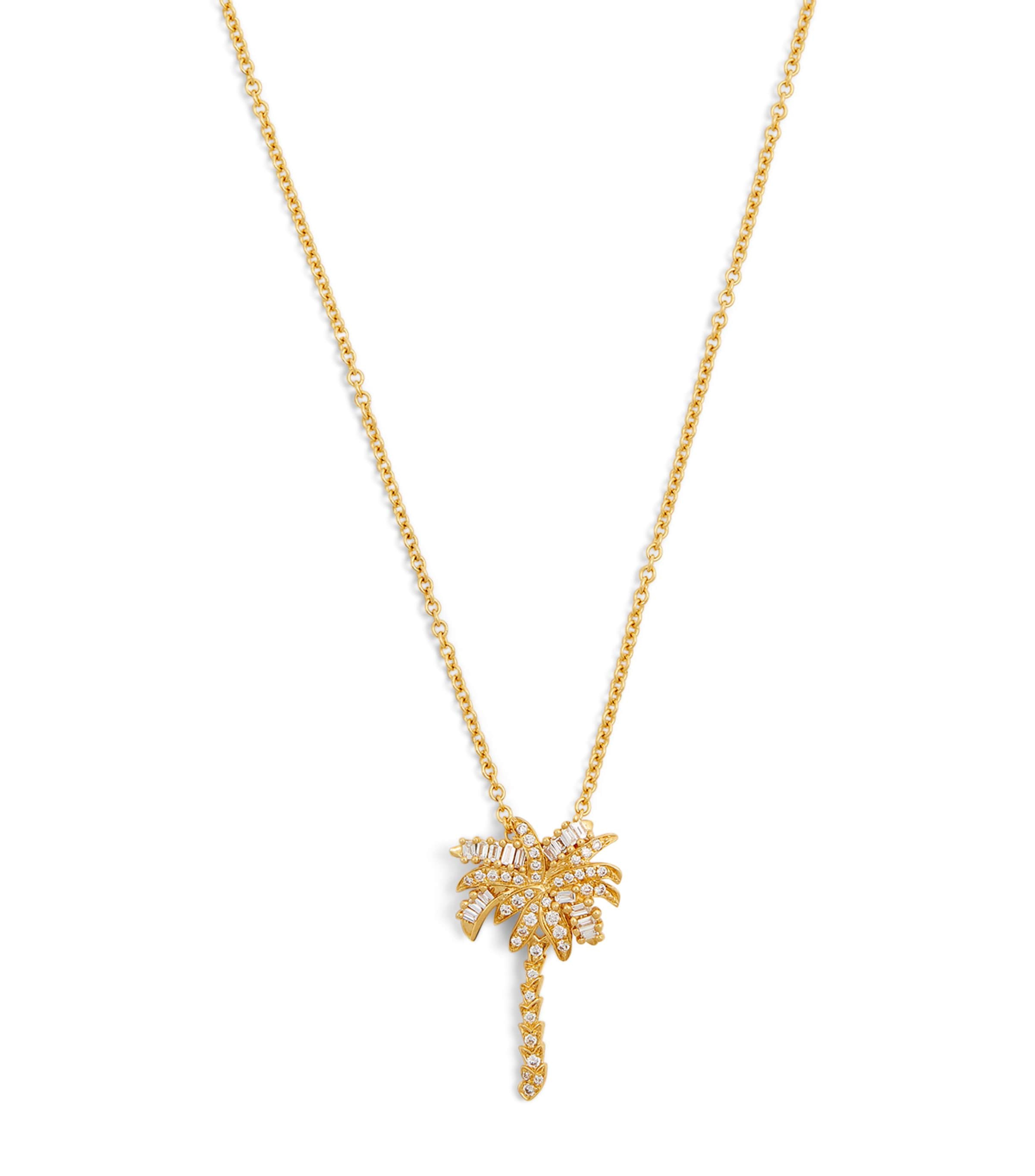 Small Yellow Gold and Diamond Palm Tree Pendant Necklace