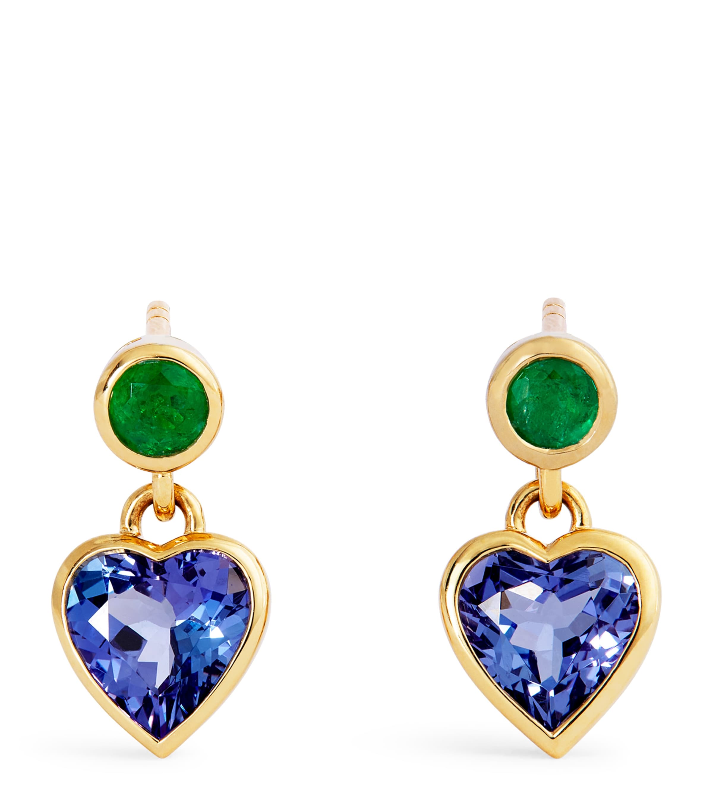 Yellow Gold, Emerald and Tanzanite Blue Heart Earrings
