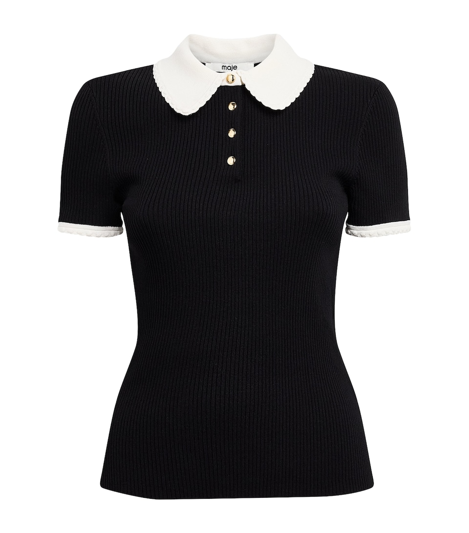 Maje Womens Rib-Knit Polo Shirt Black