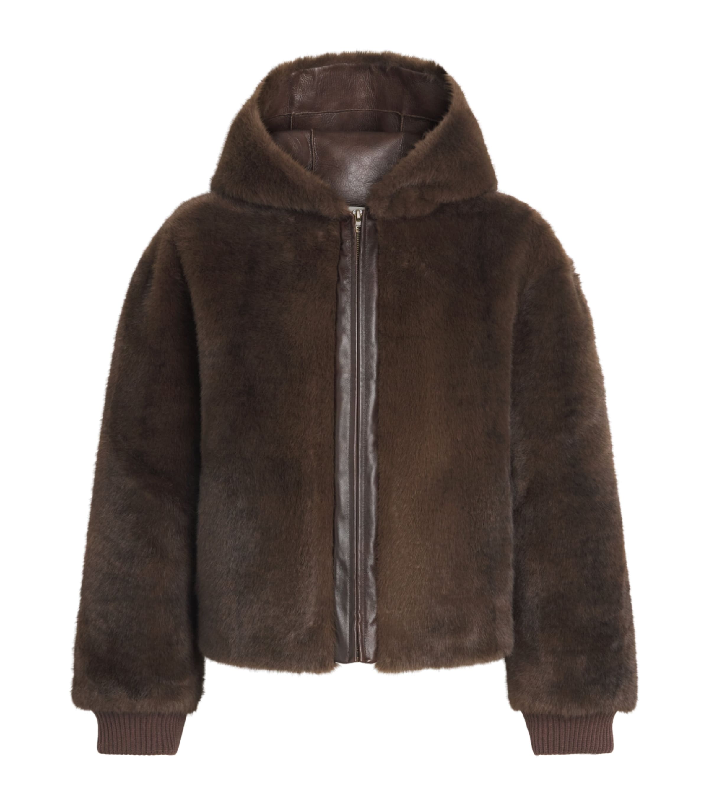 Sandro Paris Womens Faux-Shearling Hooded Jacket Black Brown