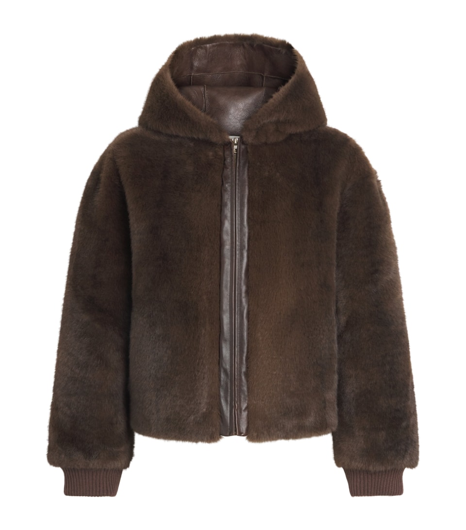 Sandro Paris Womens Faux-Shearling Hooded Jacket Black Brown