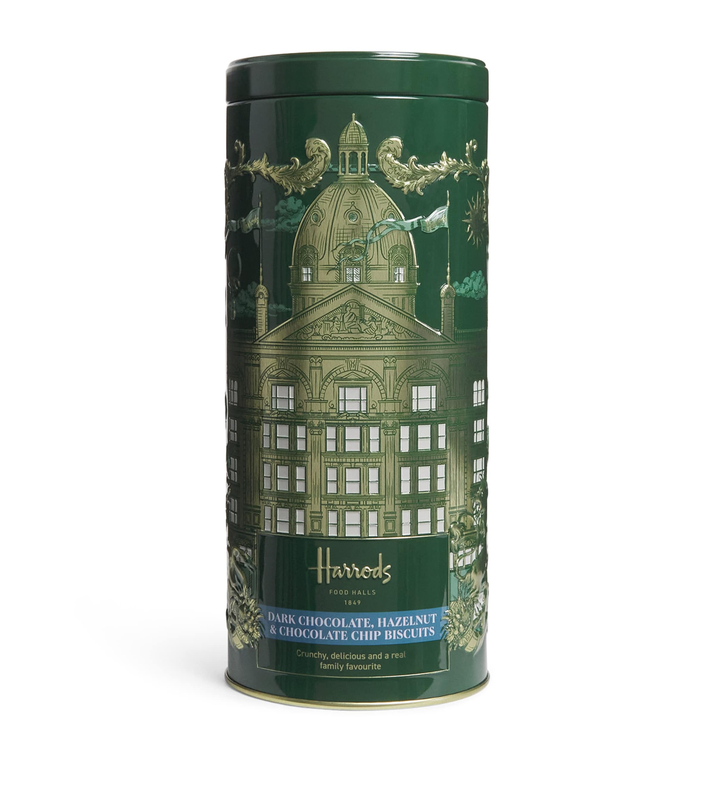 Harrods Dark Chocolate, Hazelnut & Chocolate Chip Biscuit Tin (200g)