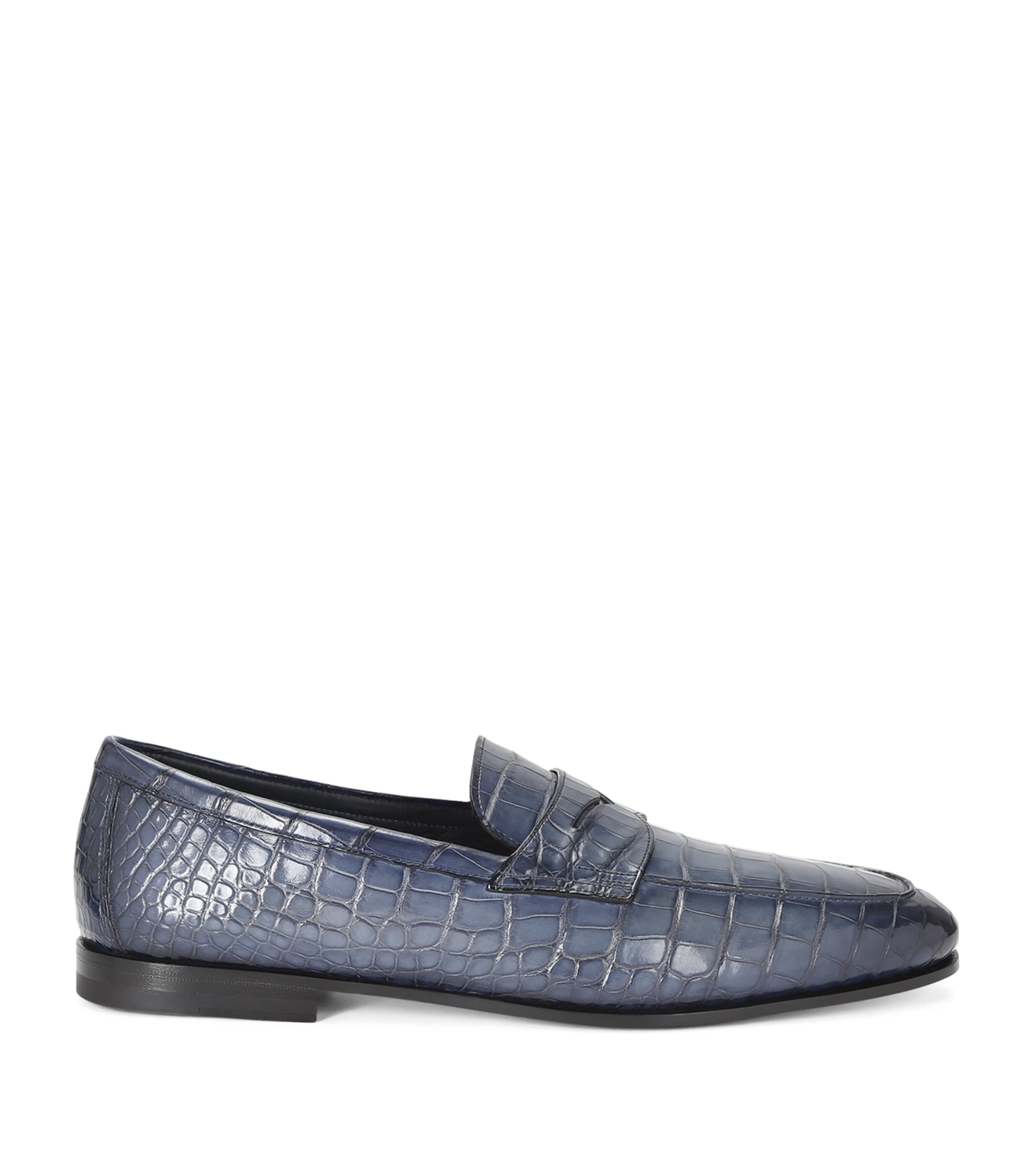 Santoni Crocodile Carlos Penny Loafers Navy