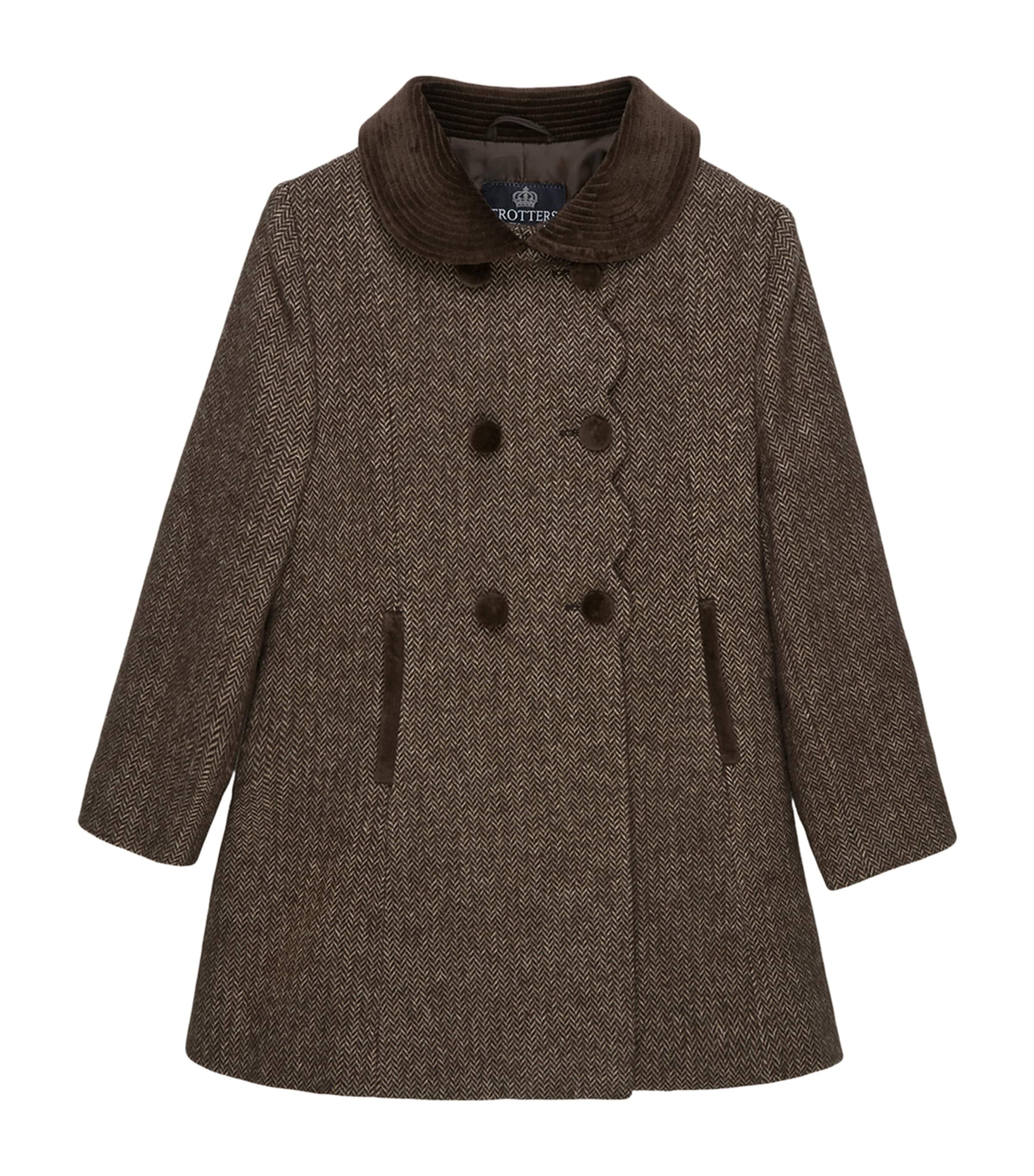 Trotters Herringbone Scalloped Princess Coat (2-5 Years) Brown Herringbone