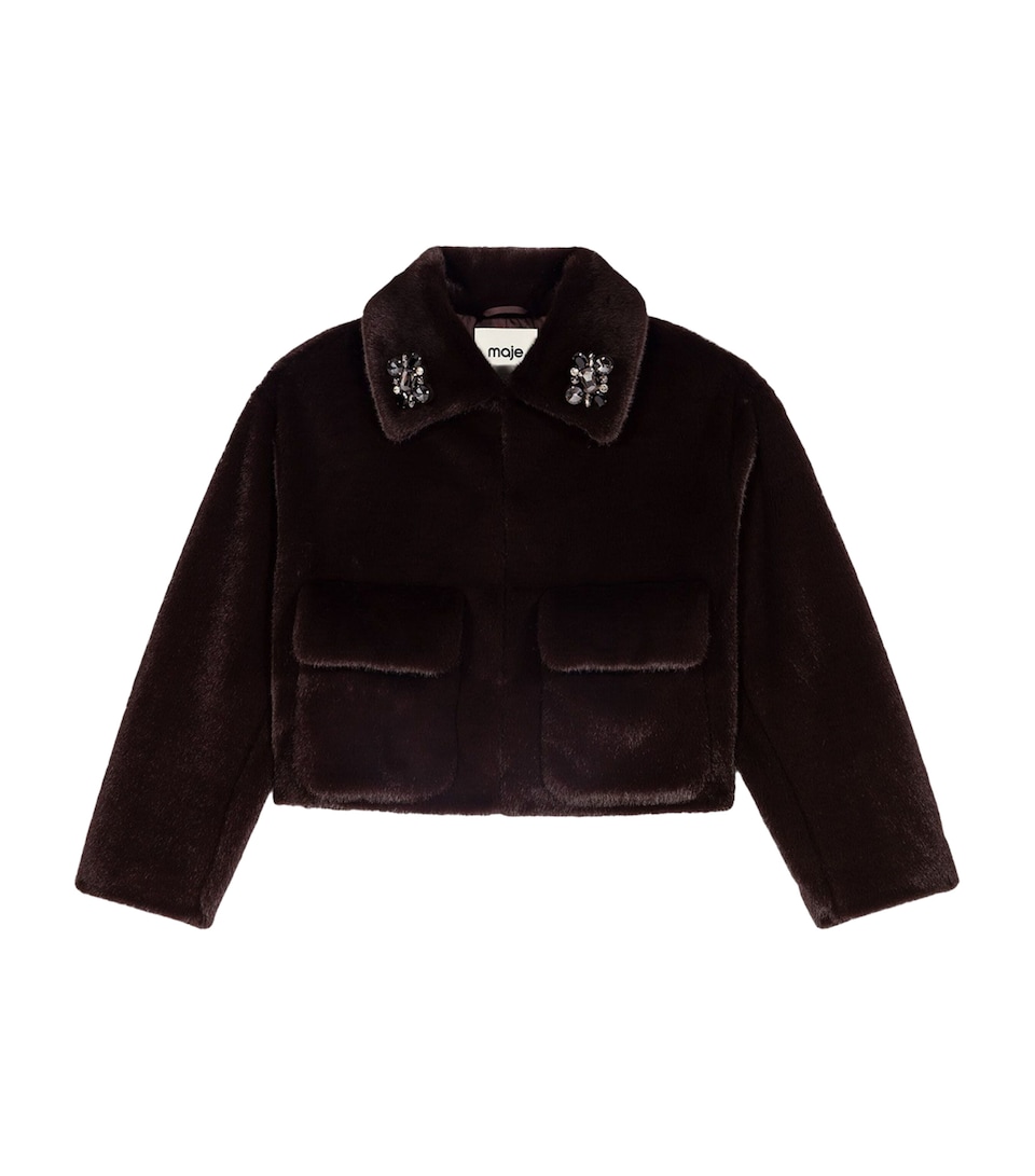 Maje Womens Faux Fur Cropped Jacket Dark Brown