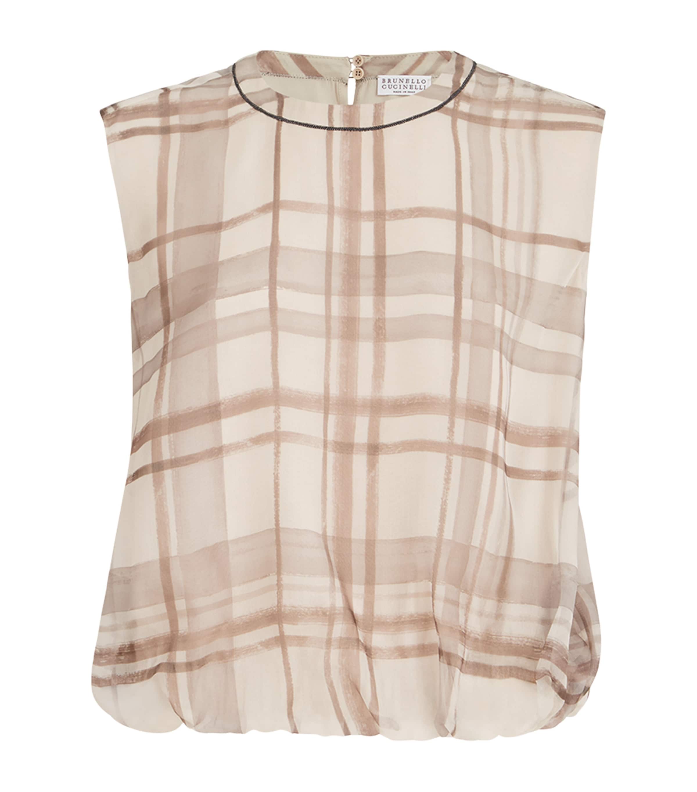 Brunello Cucinelli Womens Silk Check Sleeveless Top Beige+brown