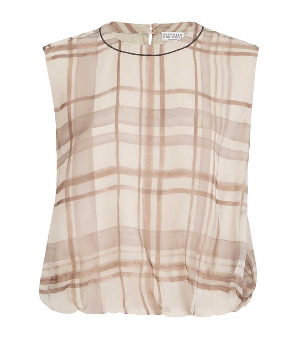 Brunello Cucinelli Womens Silk Check Sleeveless Top Beige+brown