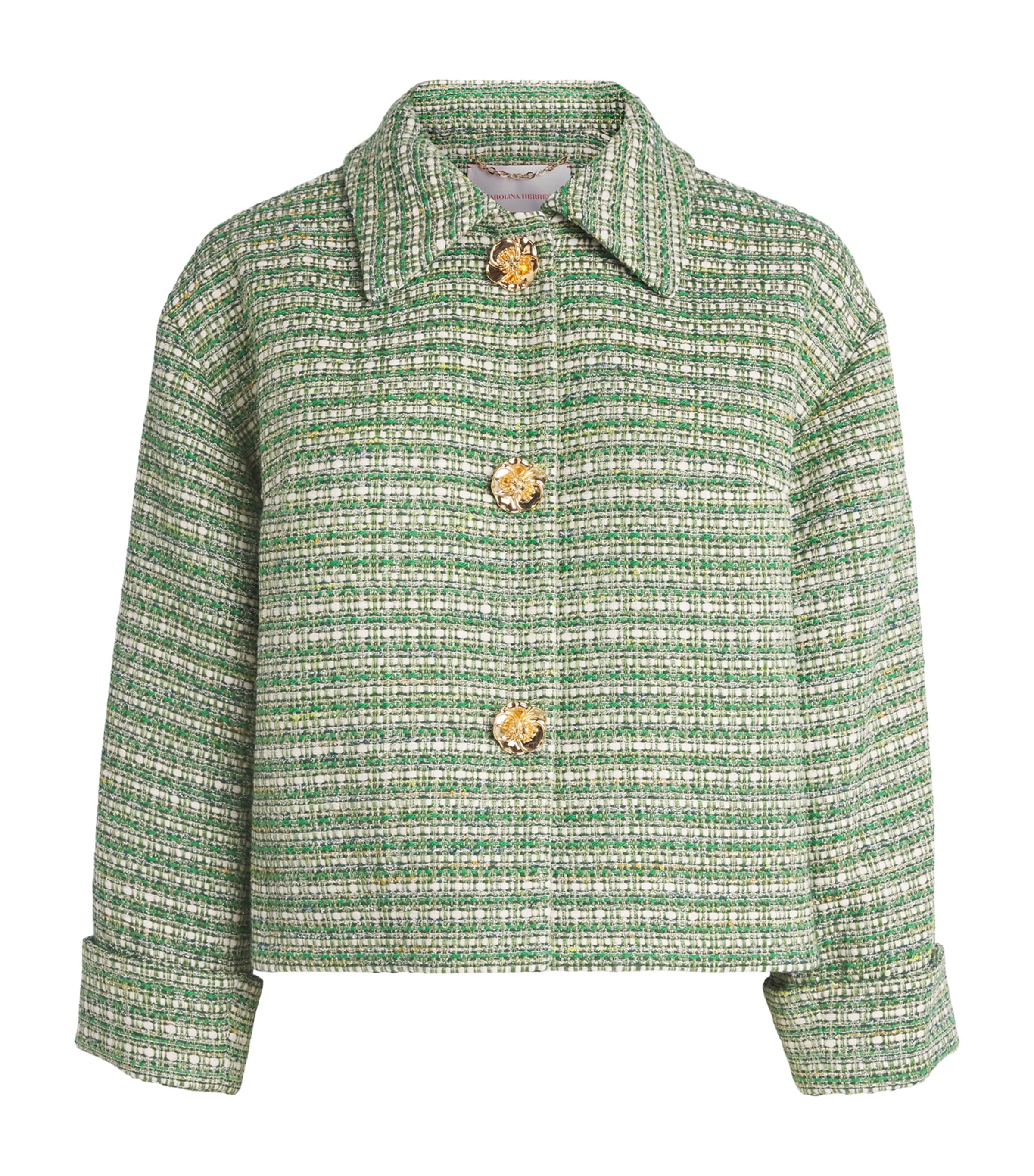 Carolina Herrera Womens Tweed Cropped Jacket Green Multi