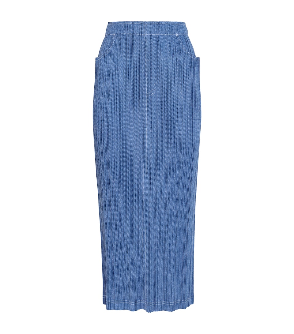Pleats Please Issey Miyake Womens Cotton Denim Midi Skirt Blue