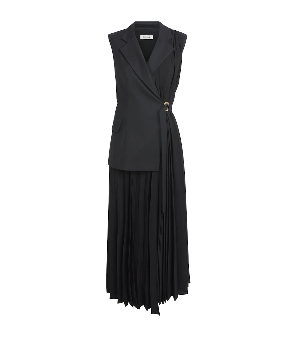 Sandro Paris Womens Pleated Wrap-Around Midi Dress Black
