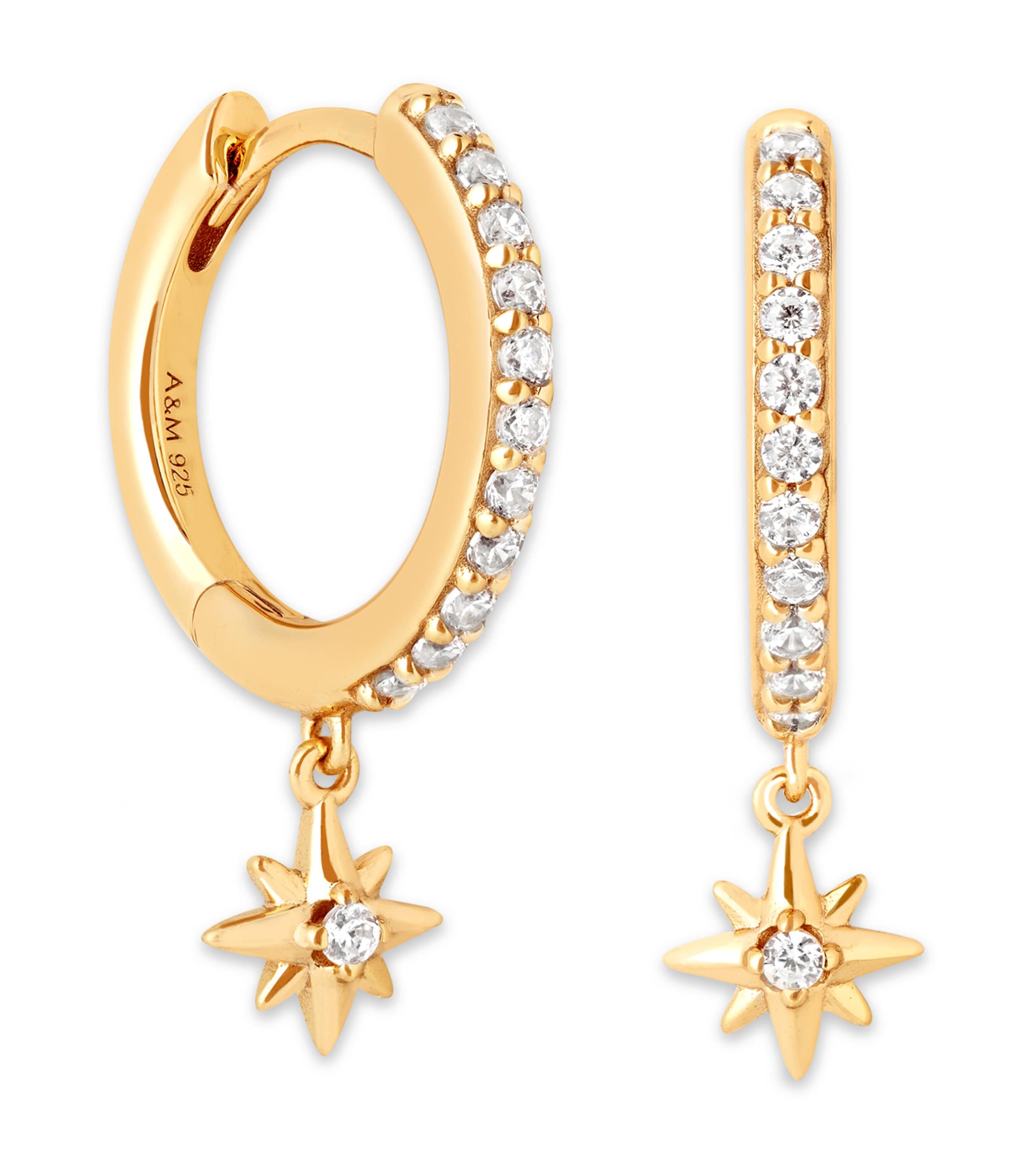 Yellow Gold-Plated Silver and Crystal Twilight Star Hoop Earrings