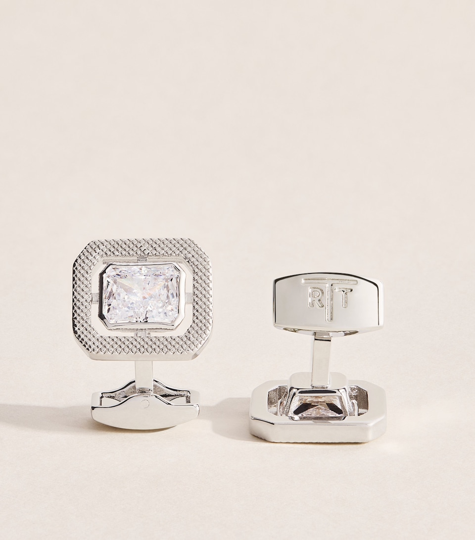 Tateossian Rhodium-Plated and Cubic Zirconia Halo Rectangle Cufflinks Clear