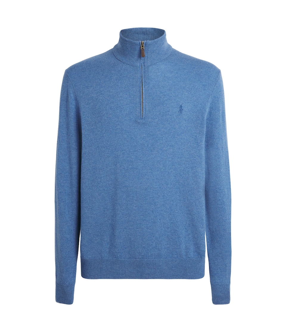 Polo Ralph Lauren Mens Wool Polo Pony Quarter-Zip Sweater Blue Borage Heather