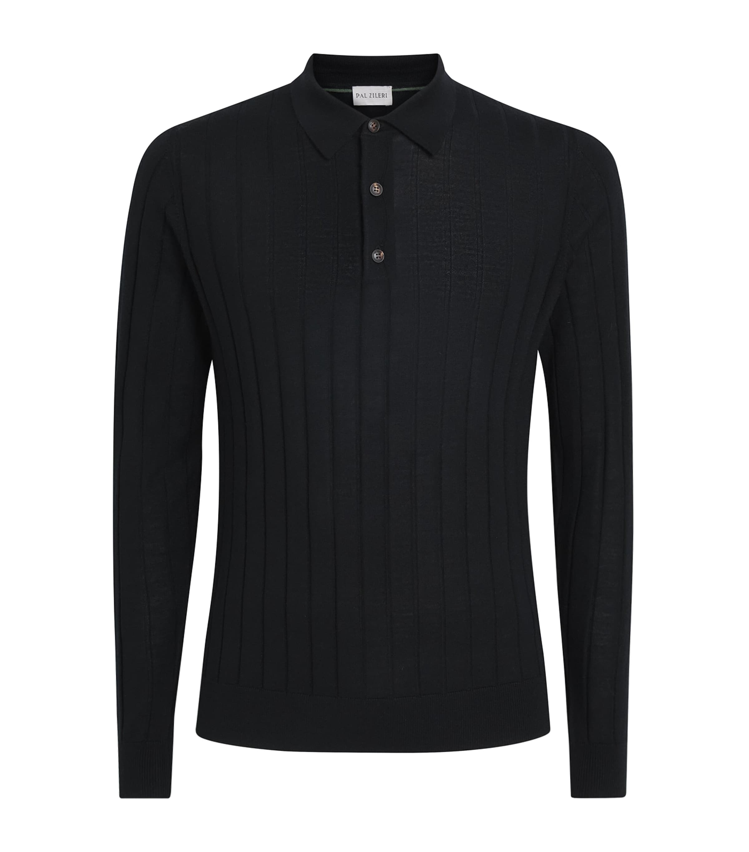 Pal Zileri Mens Wool Ribbed Long-Sleeve Polo Shirt Black