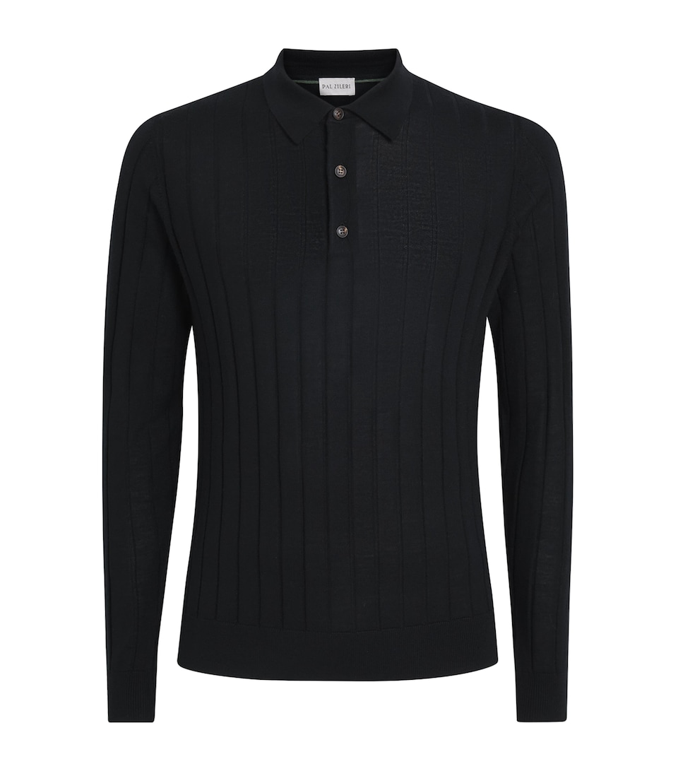 Pal Zileri Mens Wool Ribbed Long-Sleeve Polo Shirt Black