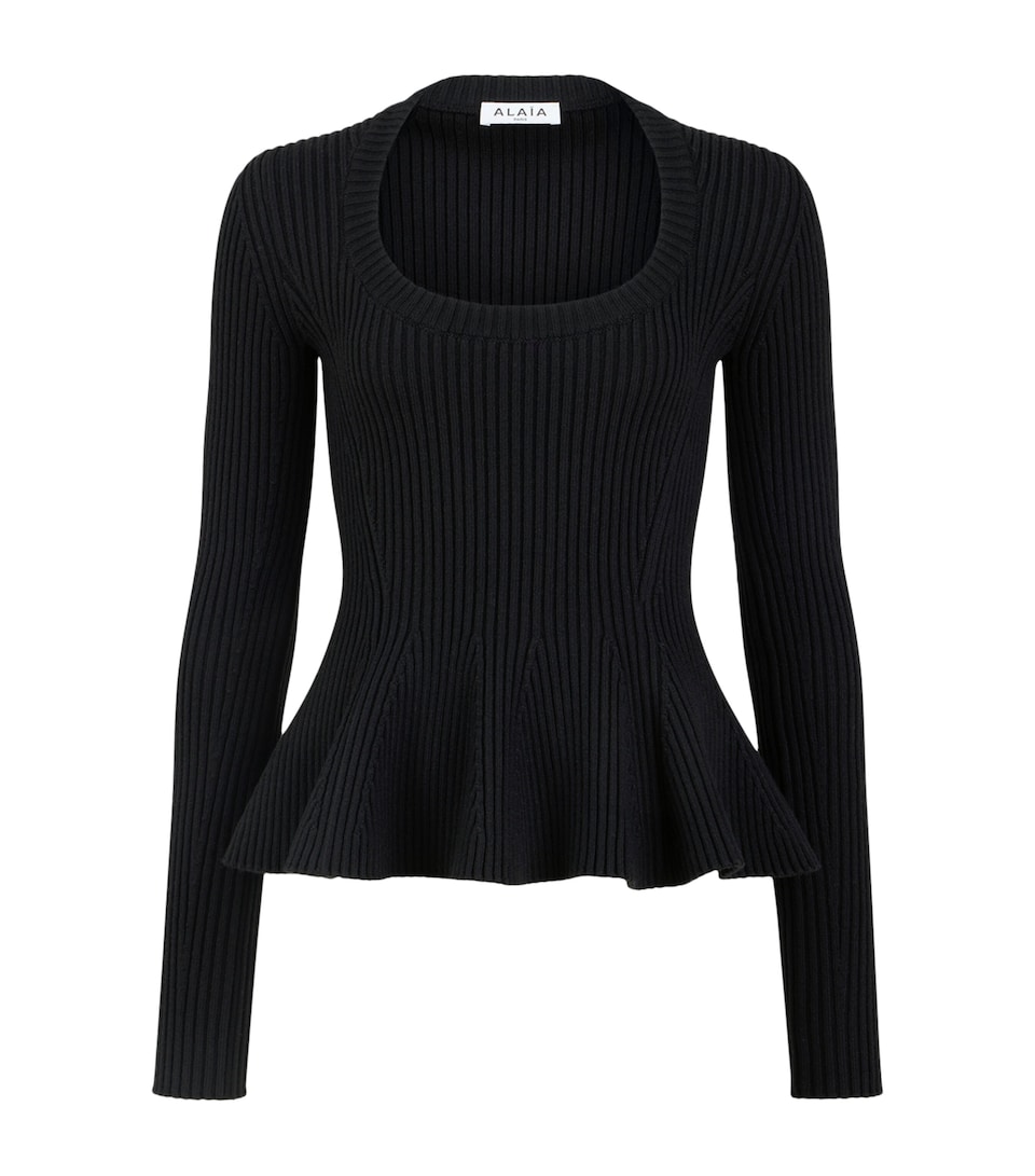 Alaïa Womens Wool-Blend Peplum Top Black