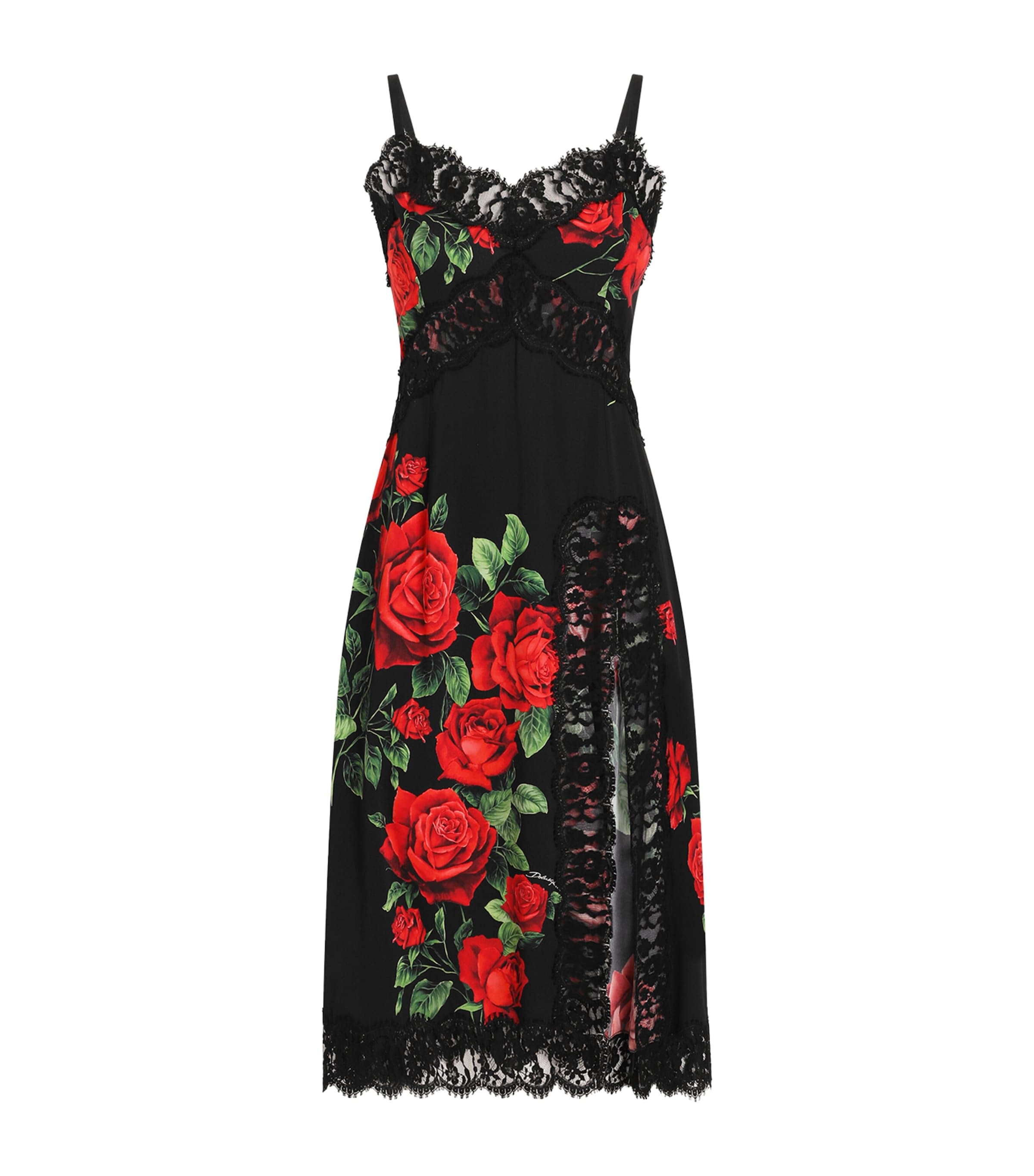 Dolce&Gabbana Womens Lace-Trim Floral Print Midi Slip Dress Rose Rosse F
