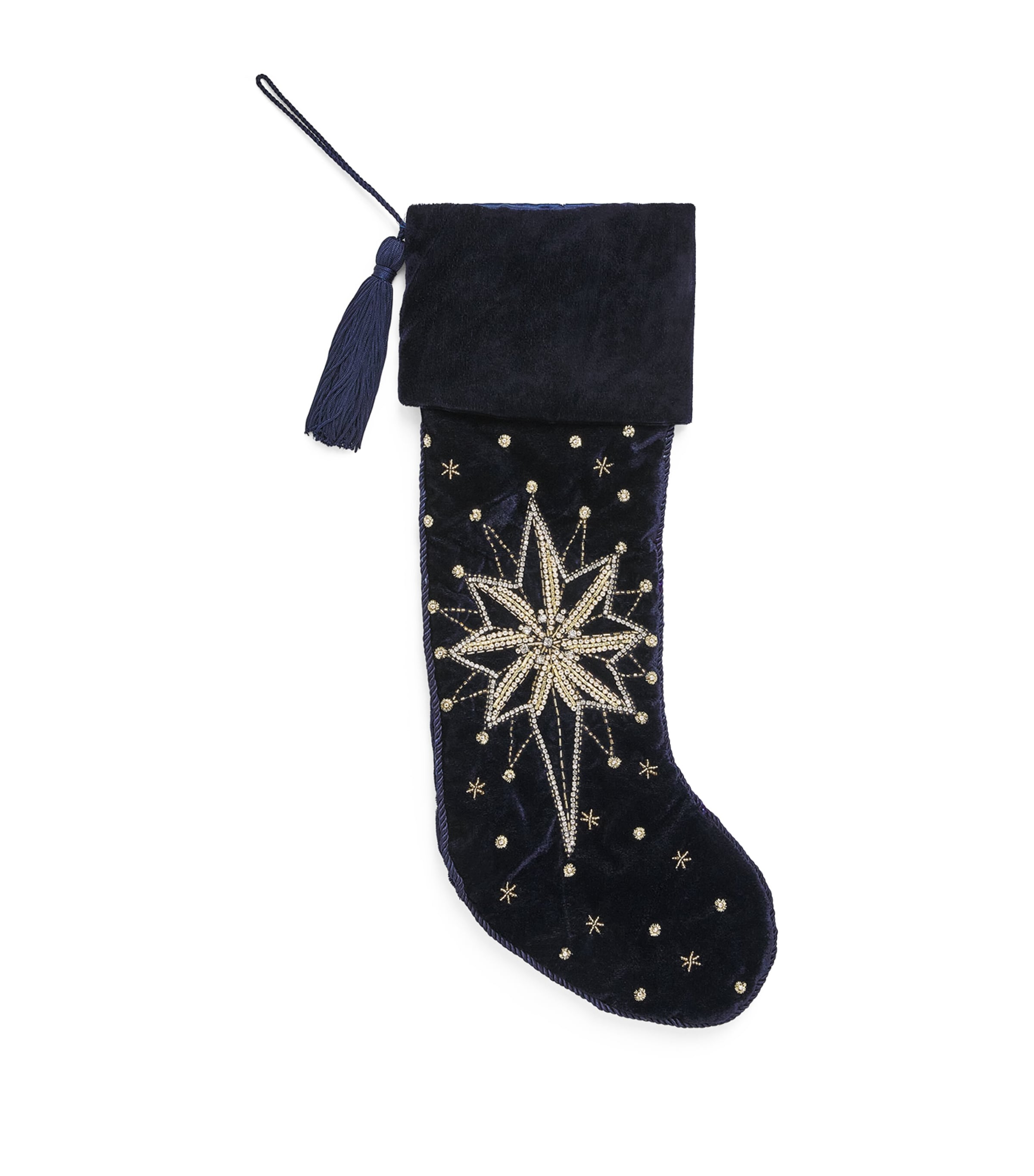 Harrods Velvet Beaded Star Stocking Navy Blue