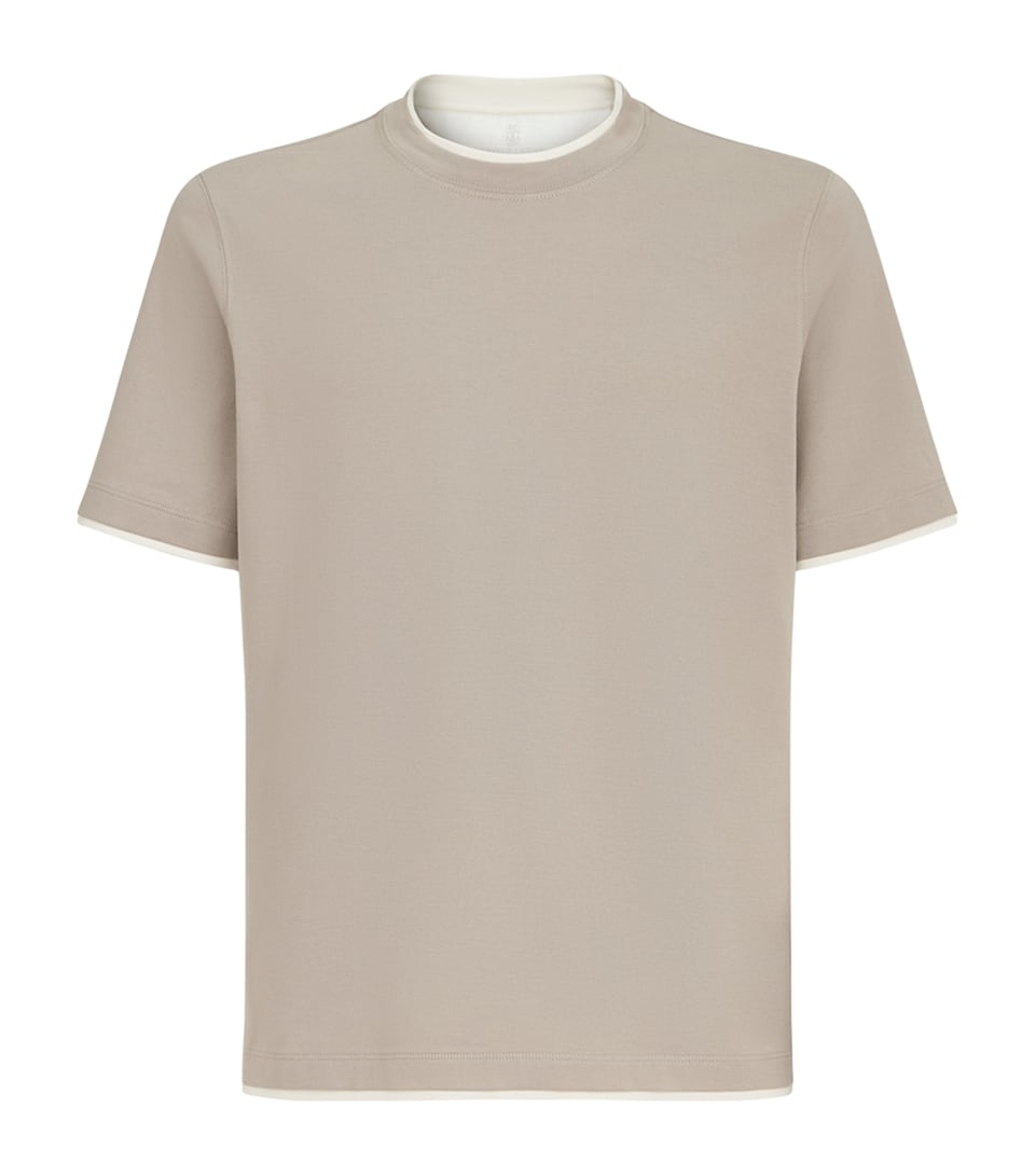 Brunello Cucinelli Mens Cotton Faux-Layered T-Shirt Grey+white