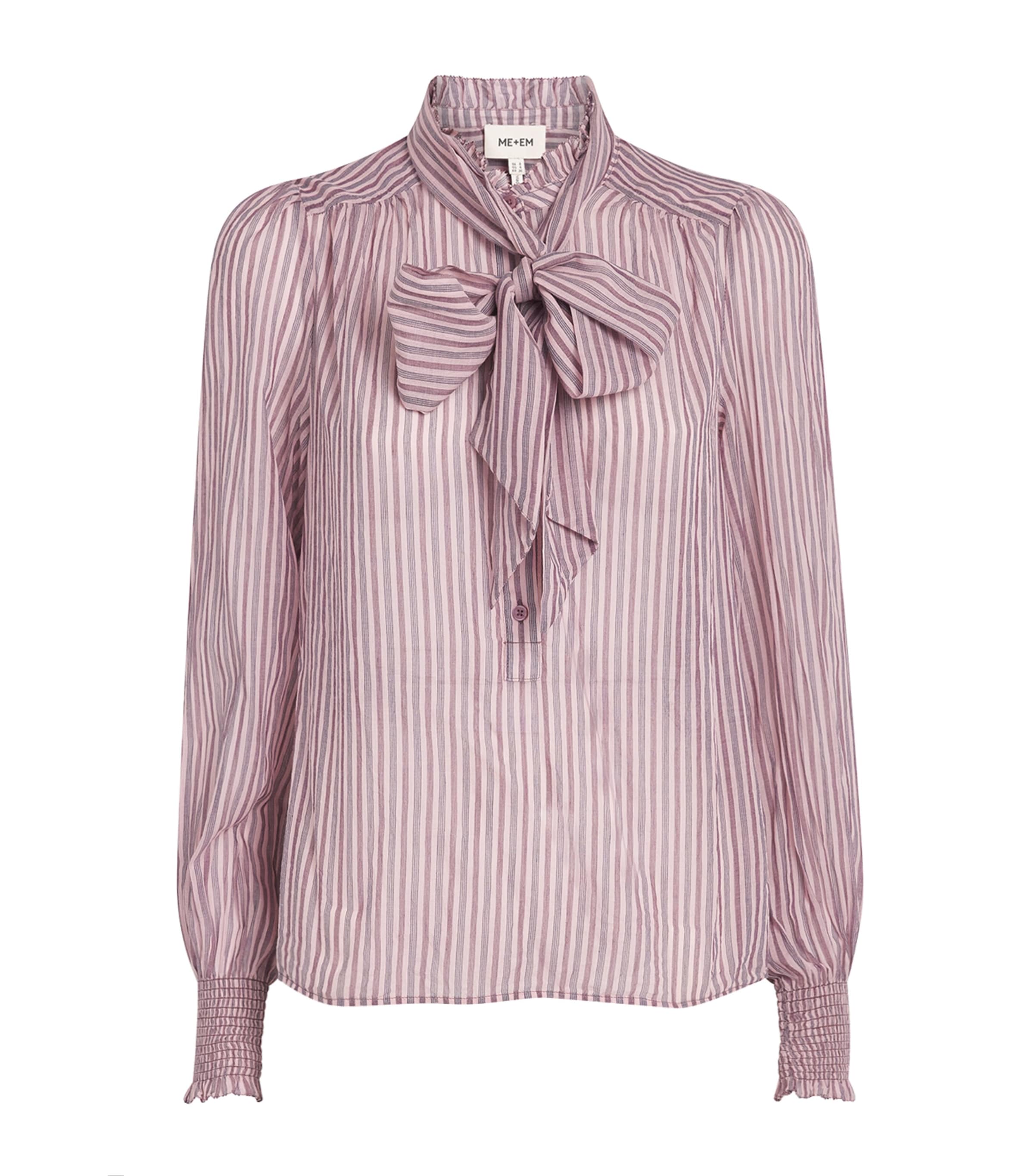 ME+EM Womens Cotton Stripe Tie-Neck Blouse Smoke Pink Multi