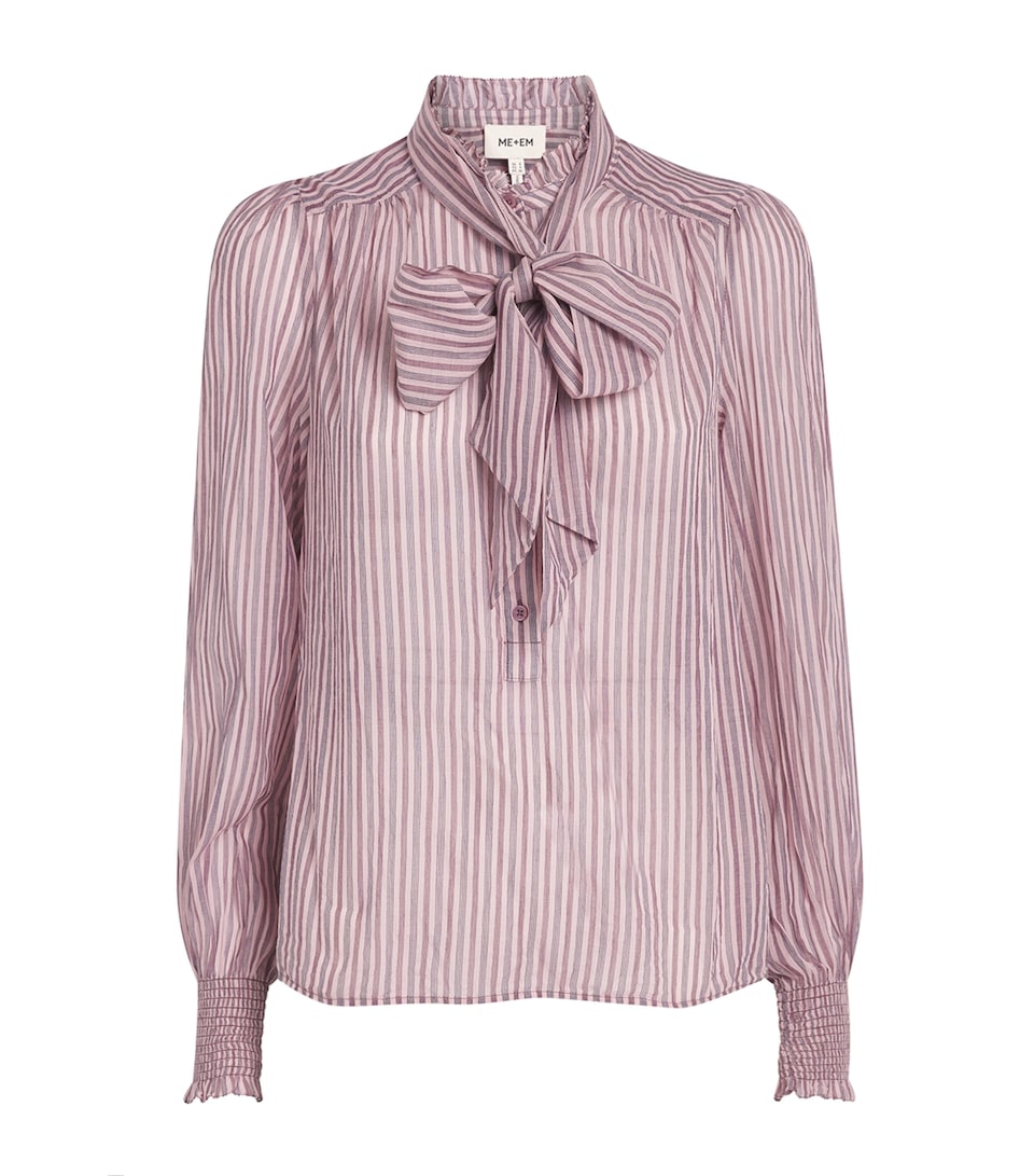ME+EM Womens Cotton Stripe Tie-Neck Blouse Smoke Pink Multi