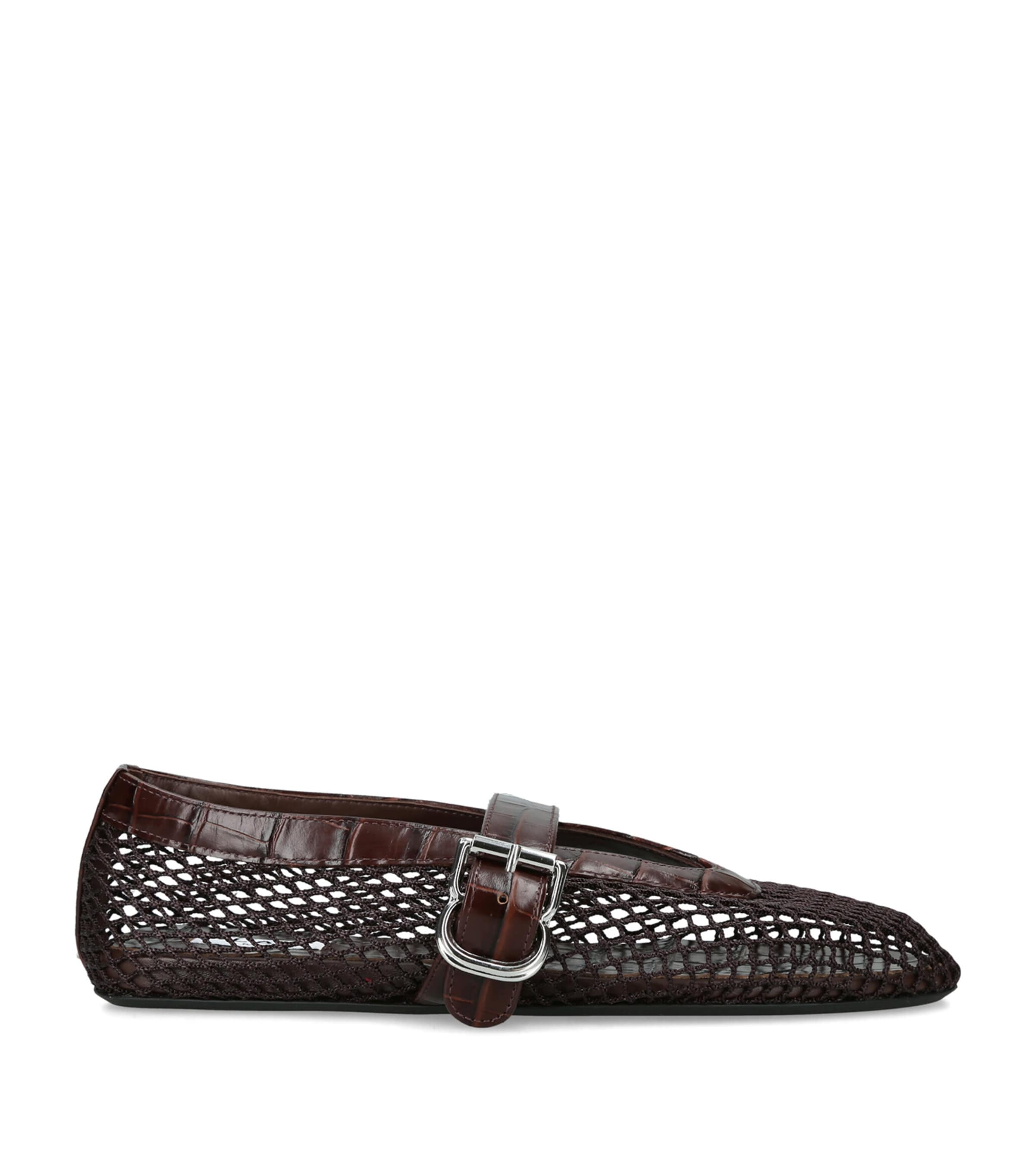 Alaïa Croc-Embossed Leather Mesh Ballet Flats Dark Brown