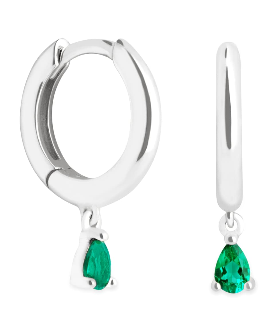 White Gold and Emerald Pear Huggie Hoop Earrings